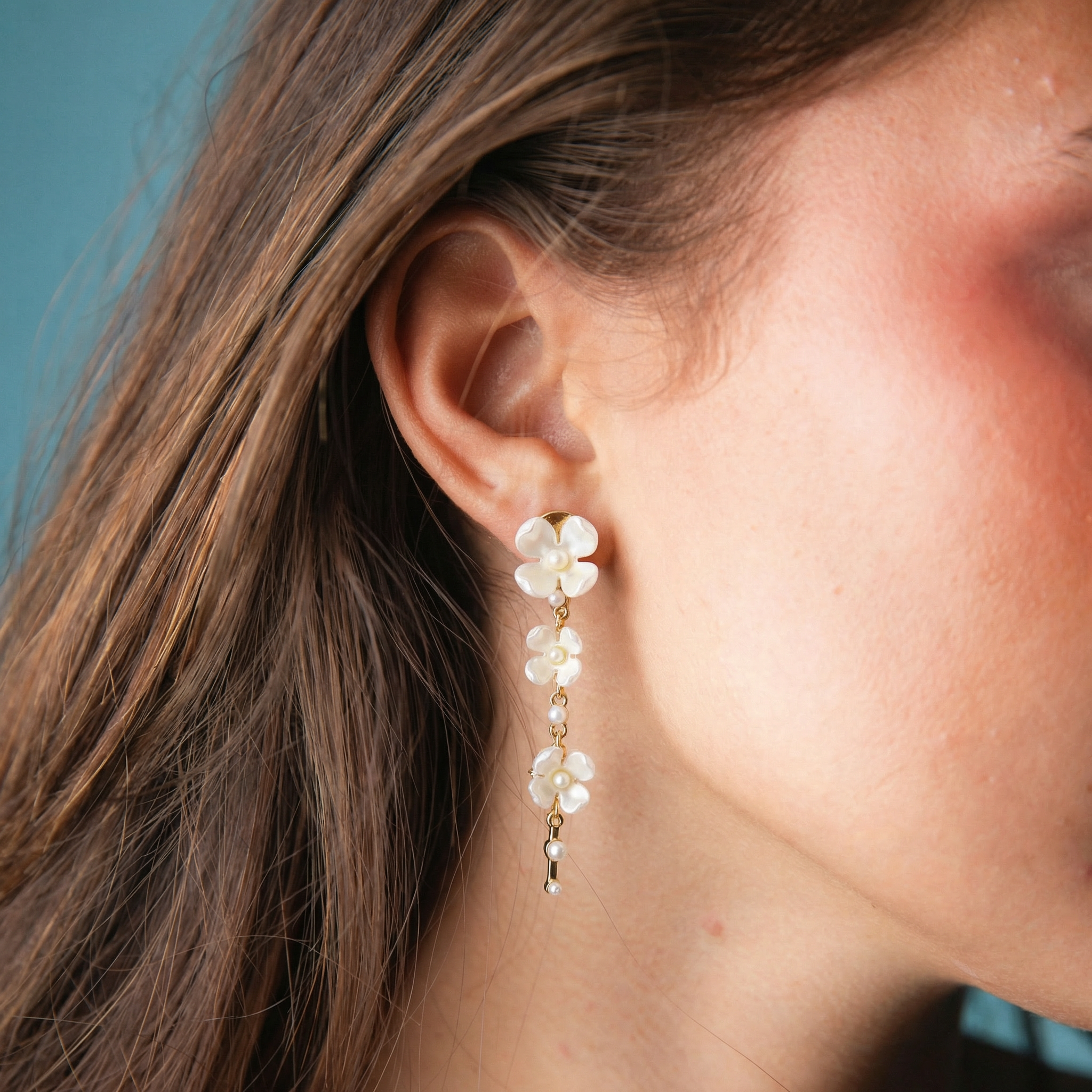 White, Pearl, Gold Falling Flowers with Pearl Bottom Bar Dangle Earring