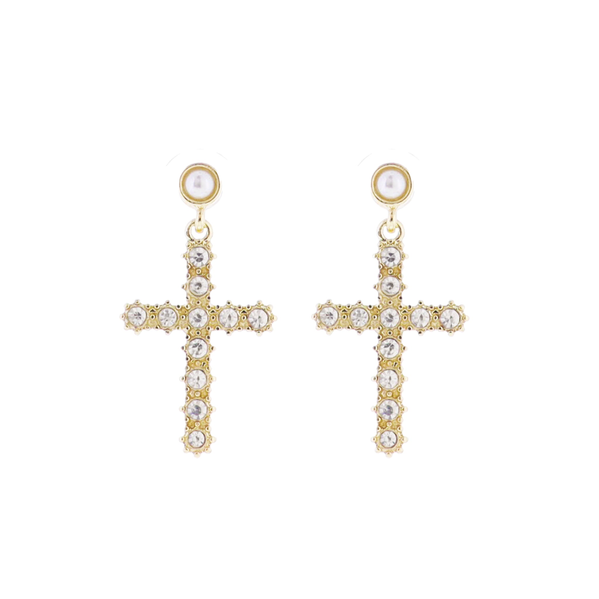 Pearl, Gold Circle Post with Clear Crystal Cross Earring
