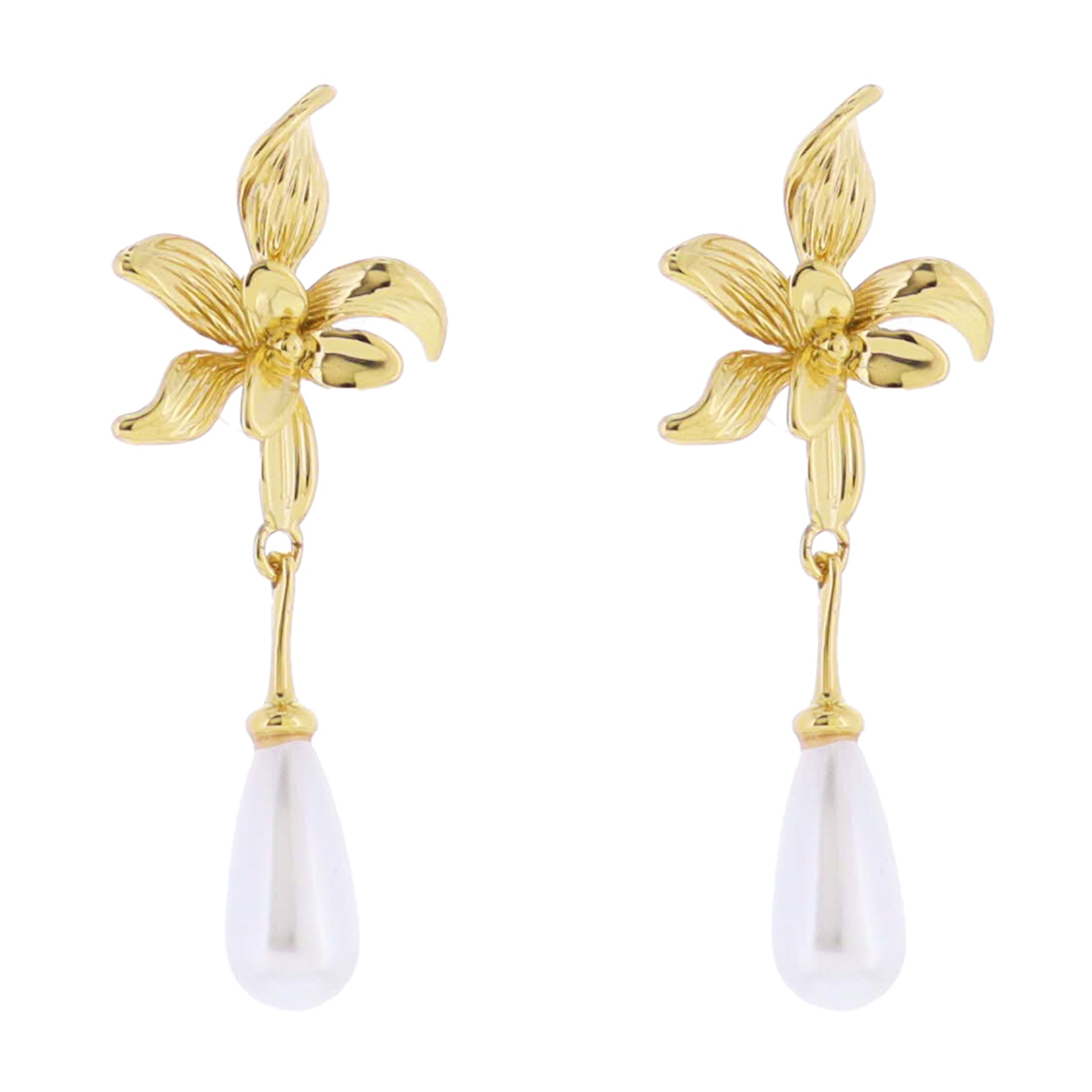 Gold Flower Post with Pearl Teardrop Earring