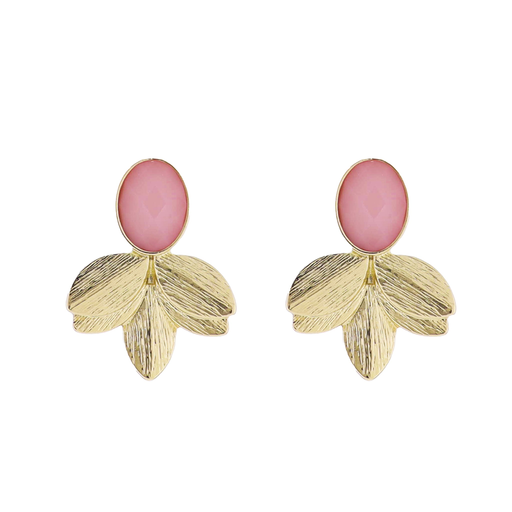 Pink, Gold Gemstone Post with Gold Leaf Fan Earring