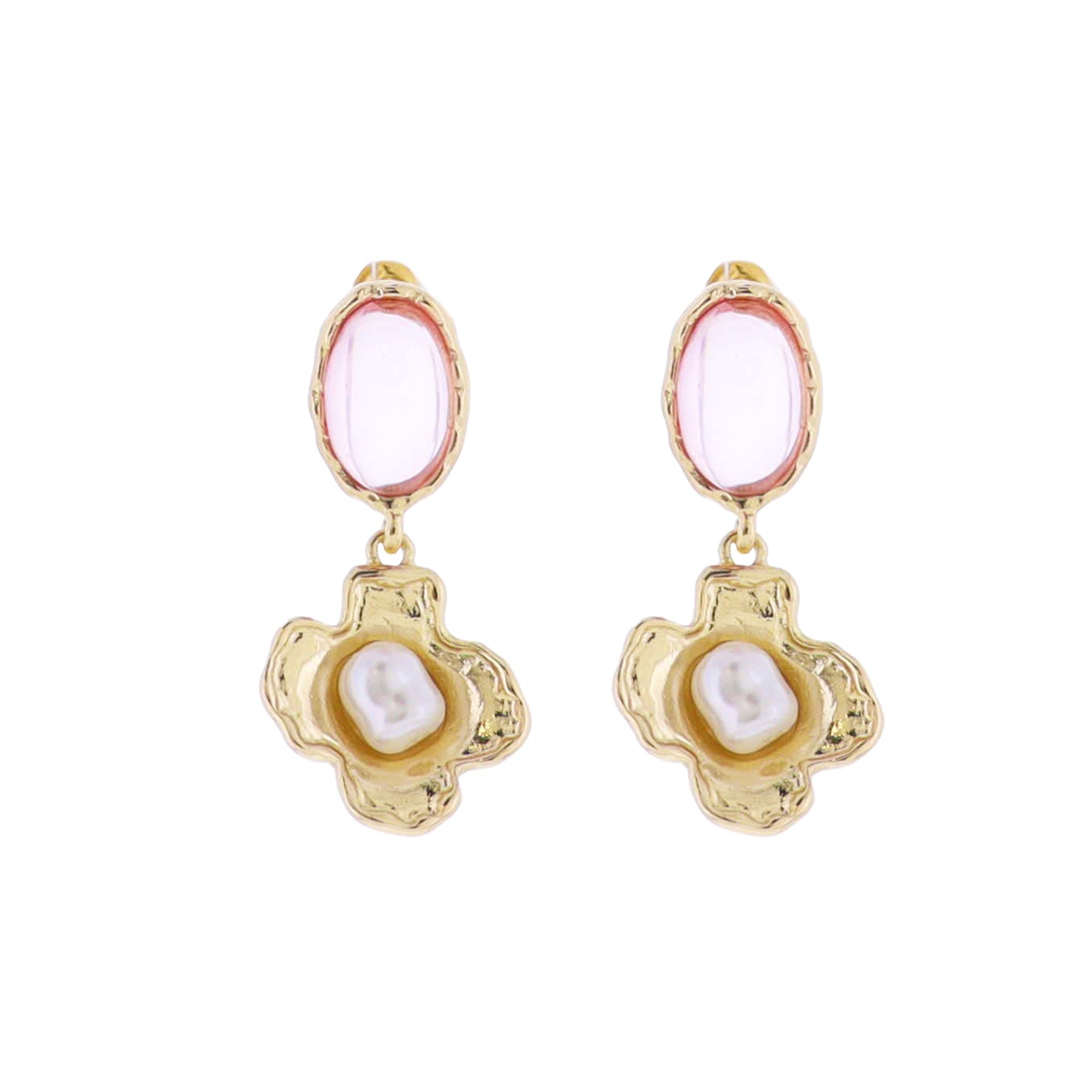 Pink, Gold Gemstone Oval Post with Gold Flower with Center Pearl Earring