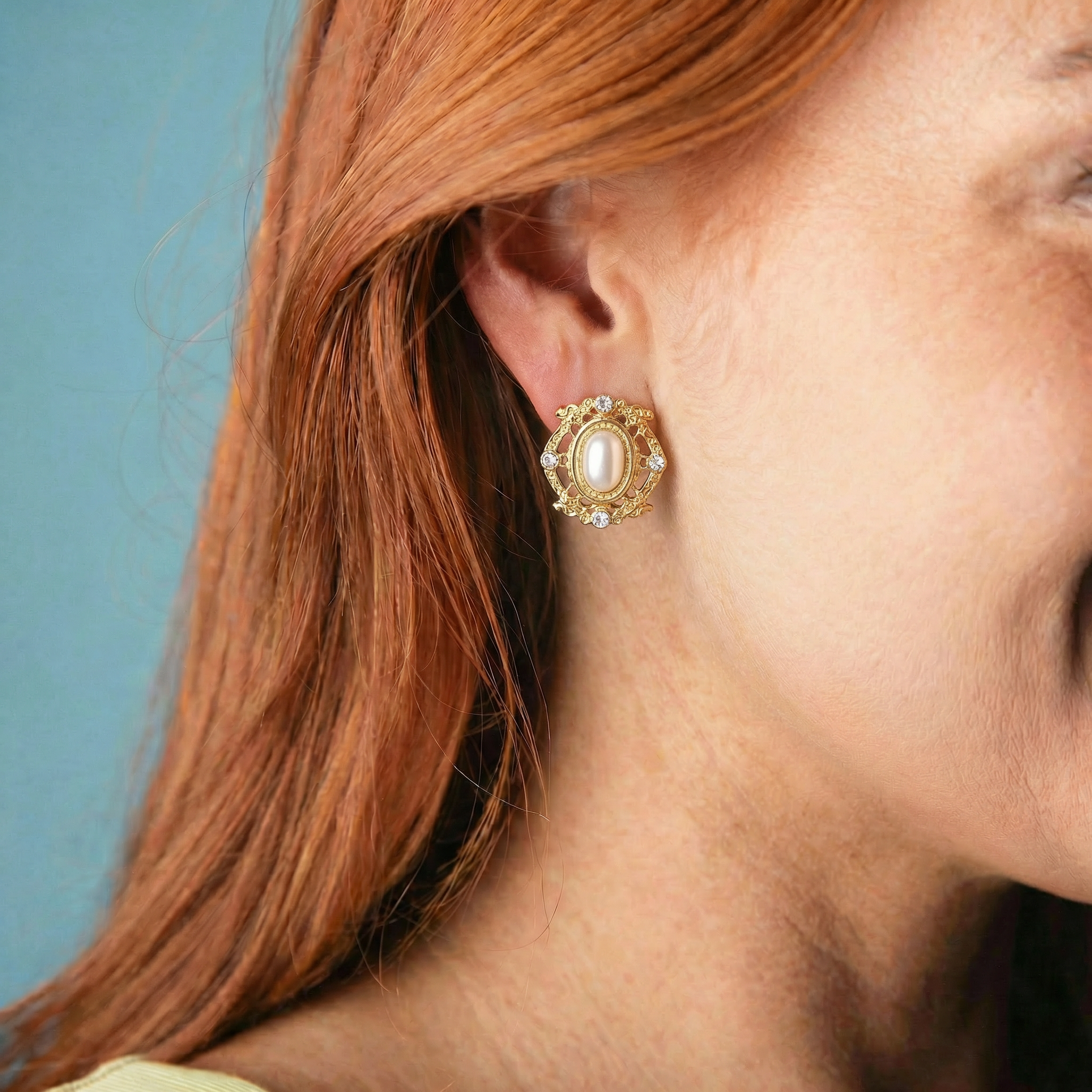 Ornate Stud Earring with Pearl Oval Center
