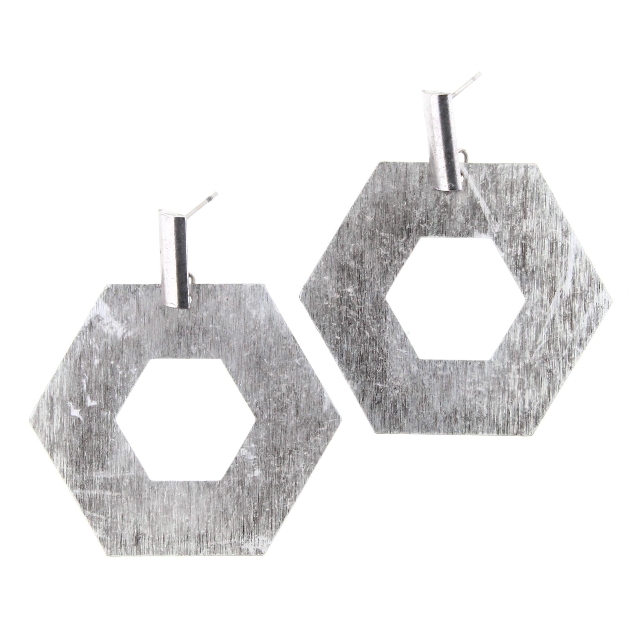 Silver Hexagon Dangle Stud Earring