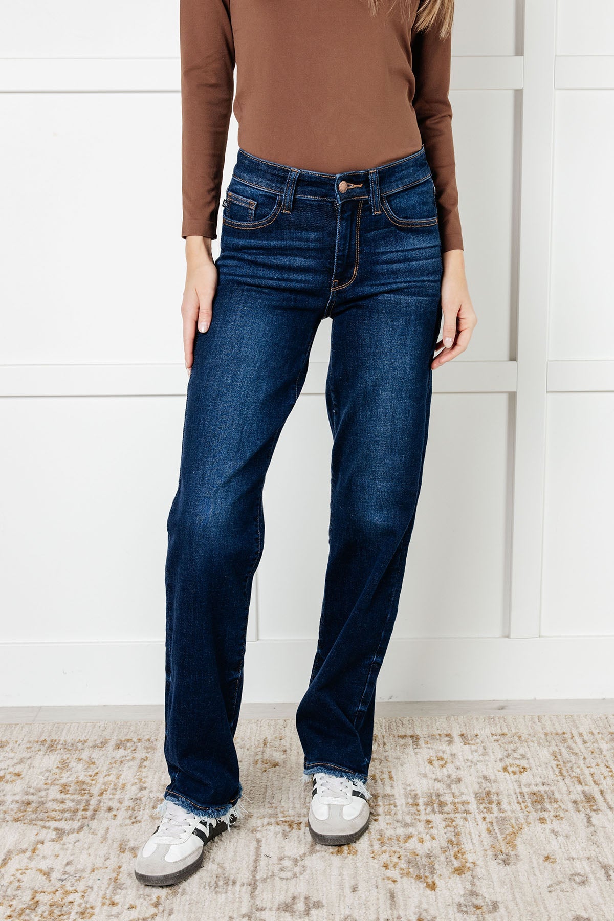 Jacqueline Mid Rise Frayed Hem Straight Leg Jean - Charming Charlie