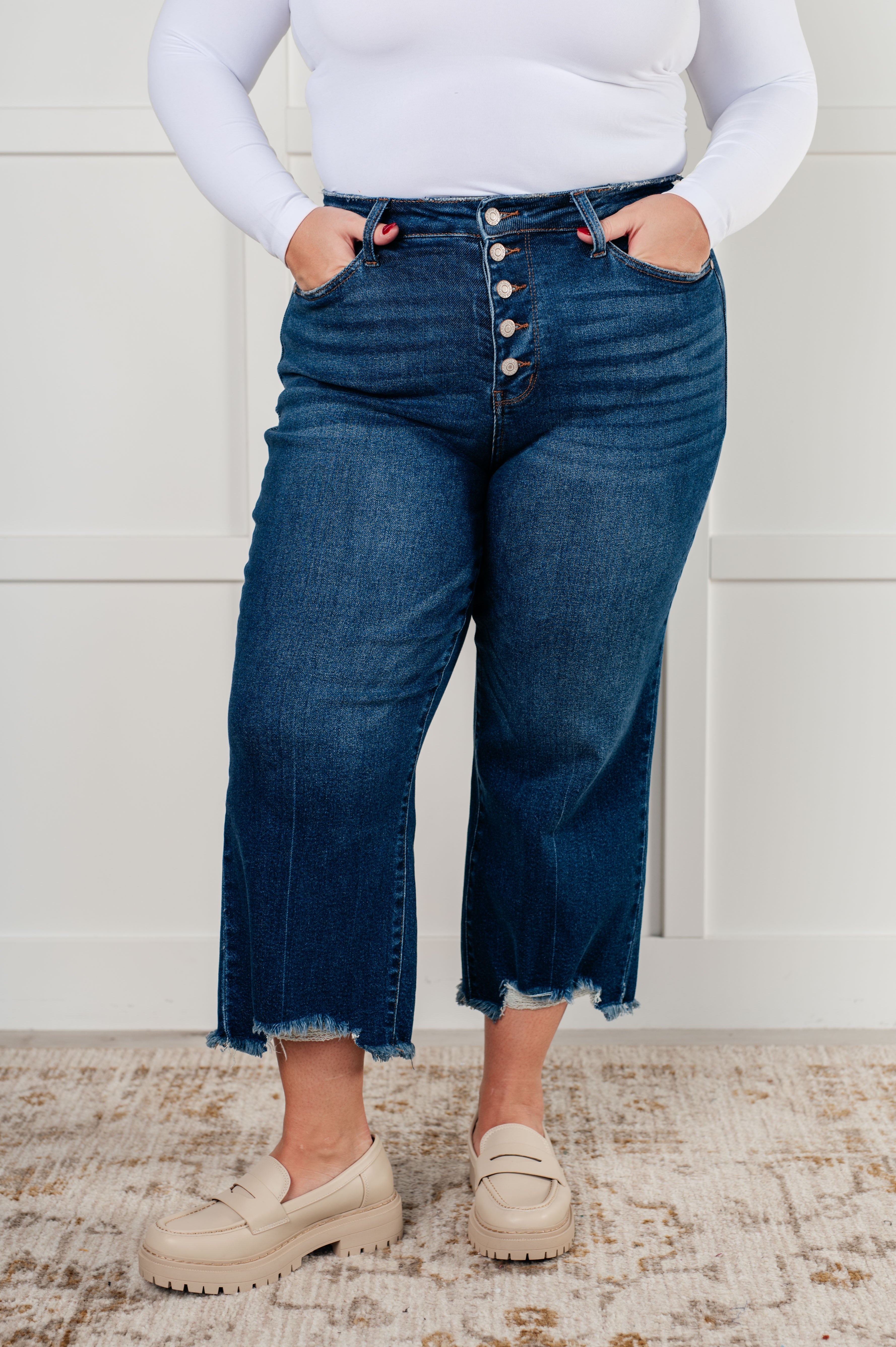 Janice High Rise Button Fly Wide Leg Crop Jeans - Charming Charlie