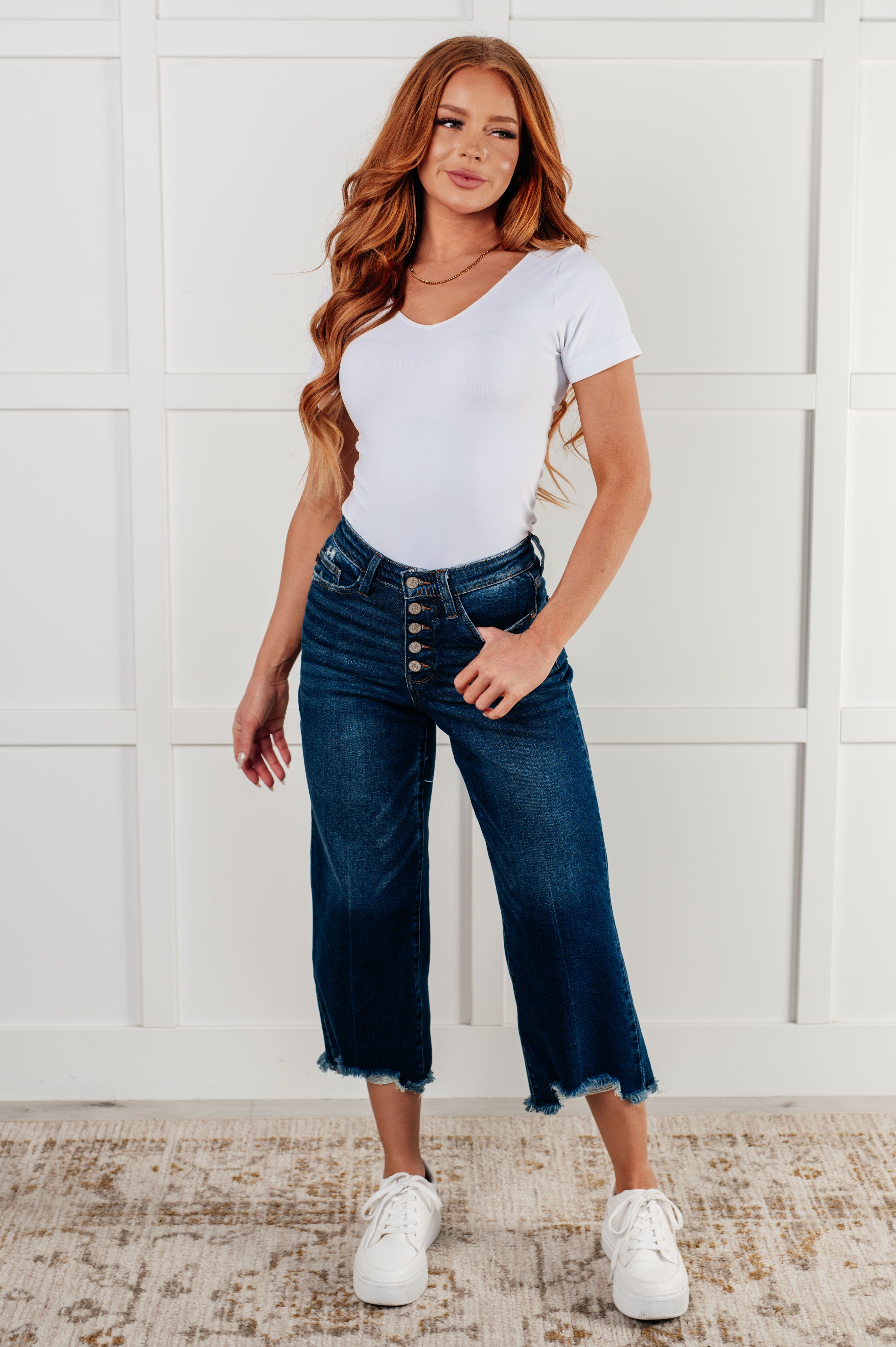 Janice High Rise Button Fly Wide Leg Crop Jeans - Charming Charlie