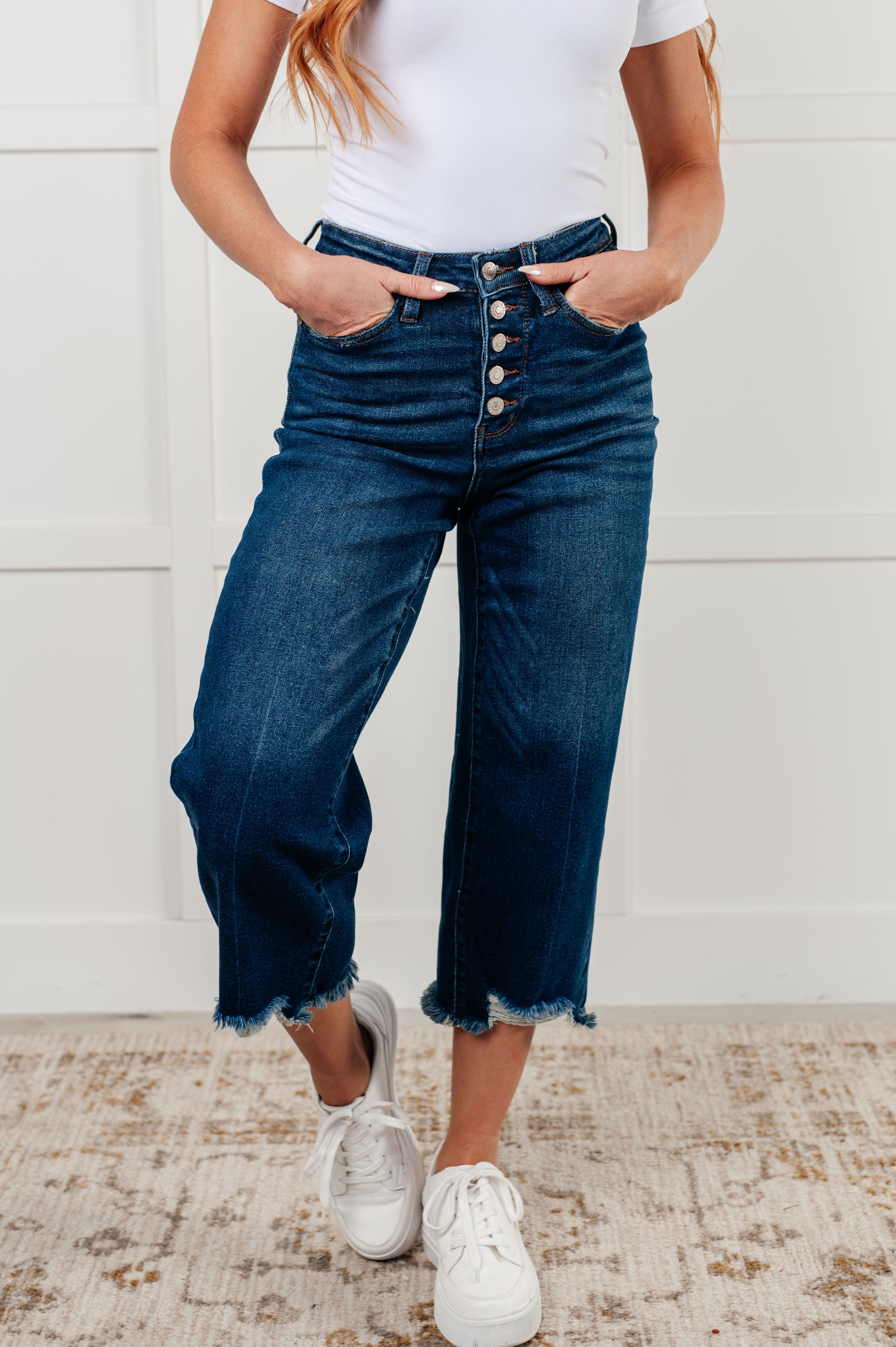 Janice High Rise Button Fly Wide Leg Crop Jeans - Charming Charlie