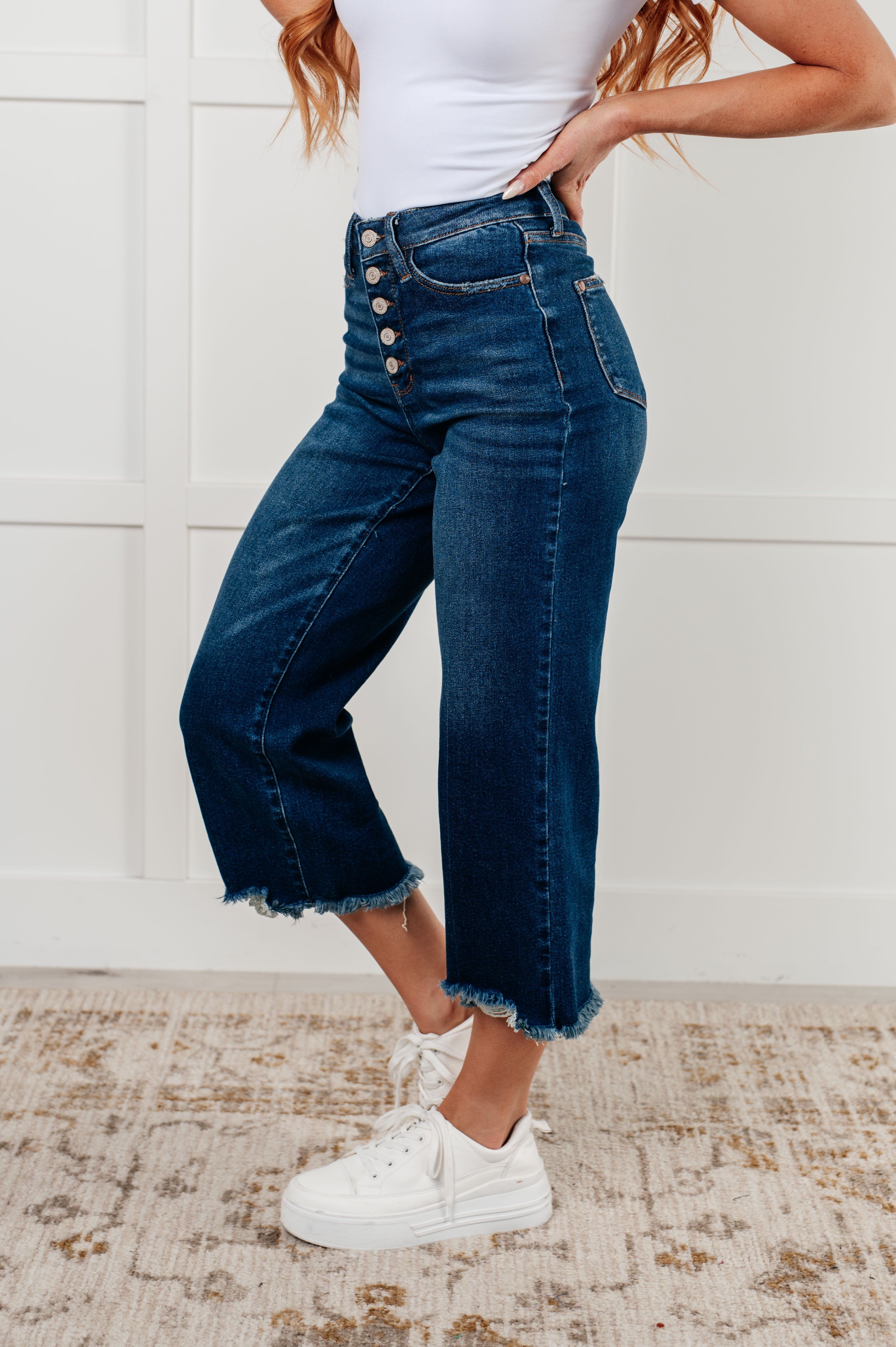 Janice High Rise Button Fly Wide Leg Crop Jeans - Charming Charlie