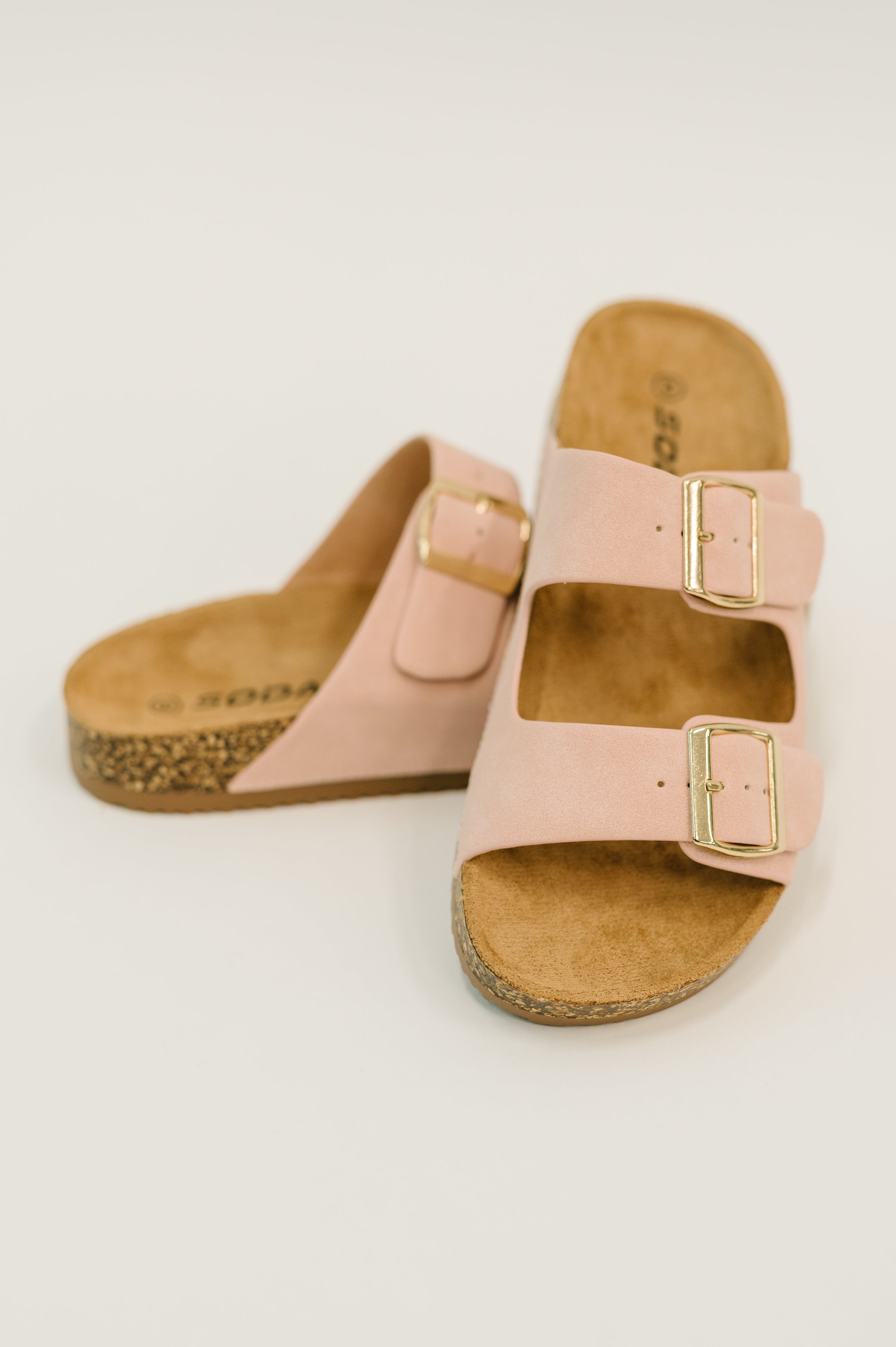 Jete Nubuck Double Buckle Slides in Blush - Charming Charlie
