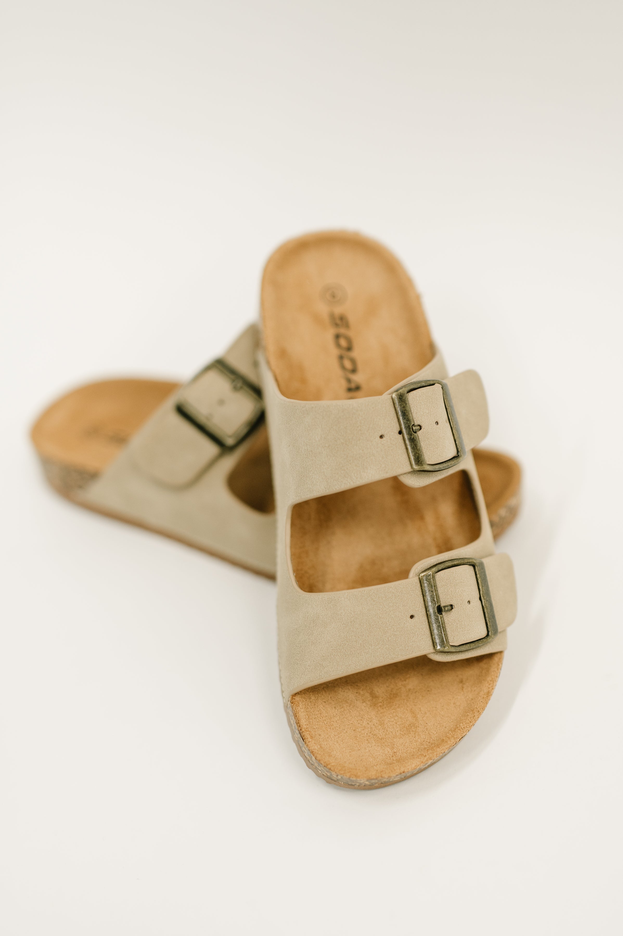 Jete Nubuck Double Buckle Slides in Light Taupe - Charming Charlie