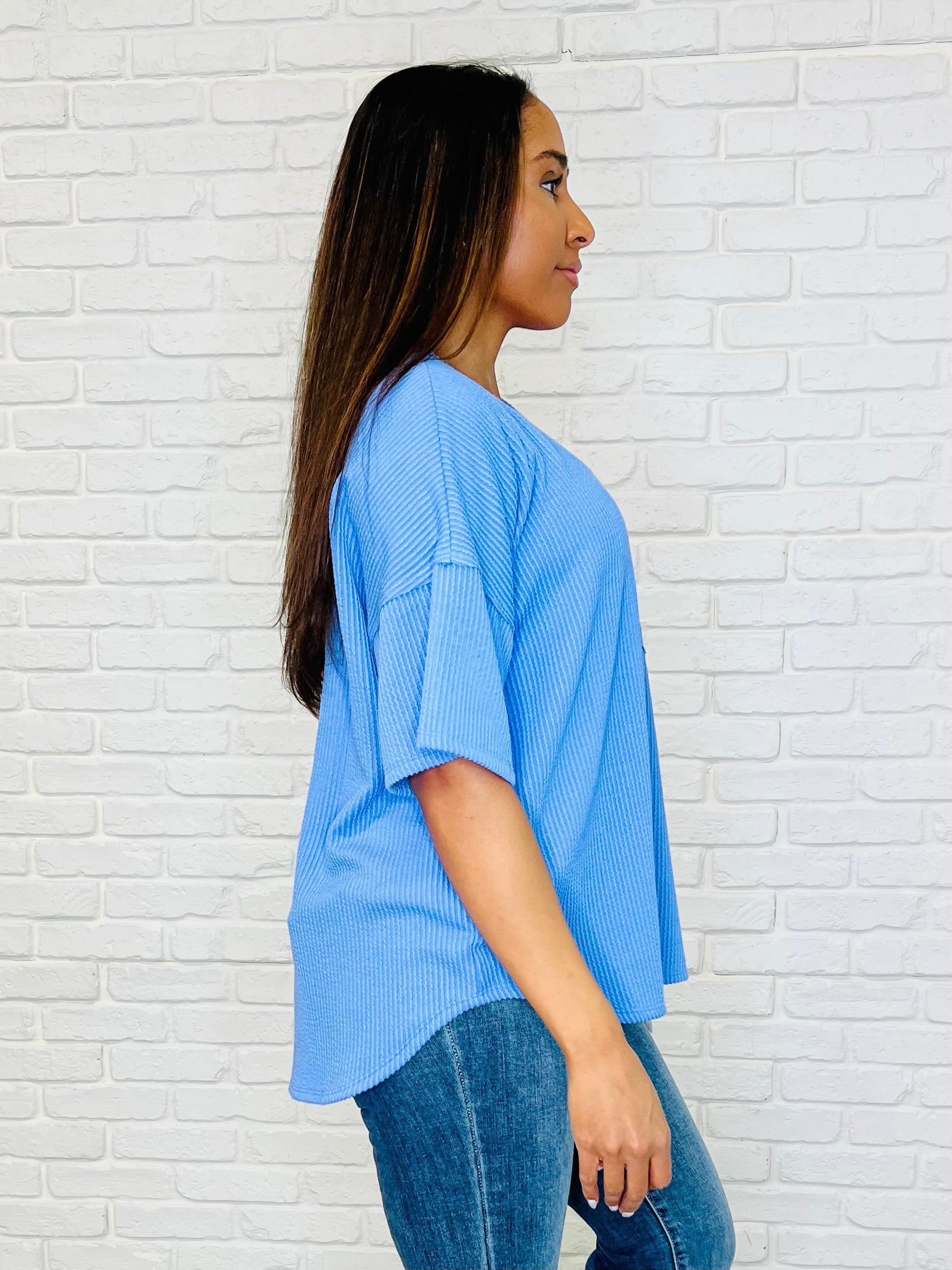 Just a Casual Girly V-Neck Basic Tee in Periwinkle Blue - Charming Charlie