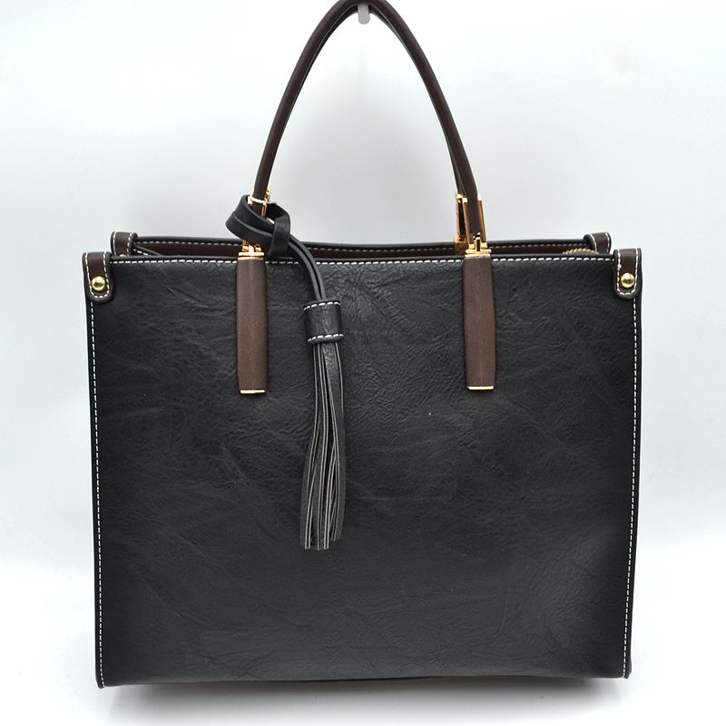Large Shoulder Vegan Leather Tassel Handbag For Women - Black - Tote Bag