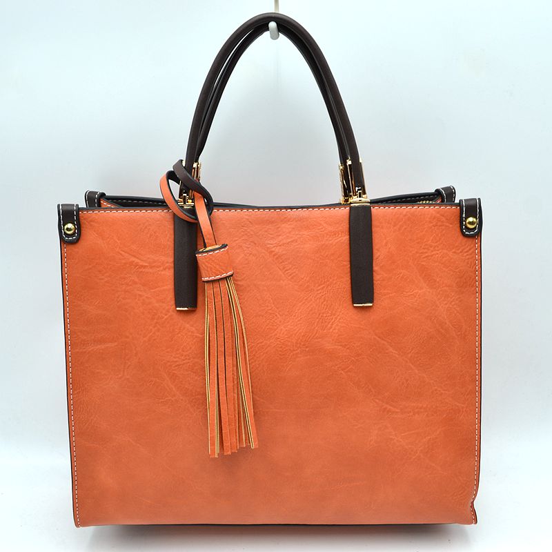 Large Shoulder Vegan Leather Tassel Handbag For Women - Orange - Tote Bag