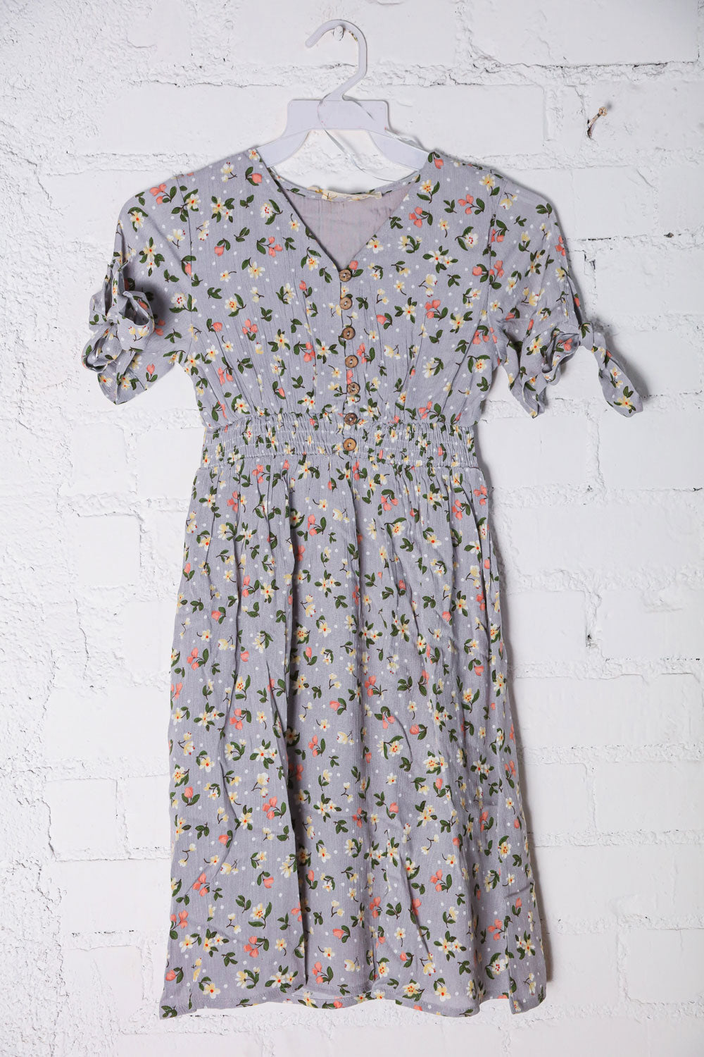 Kids Adorable Blue Smocked Waist Floral Bow Tie Sleeve Dress - Charming Charlie