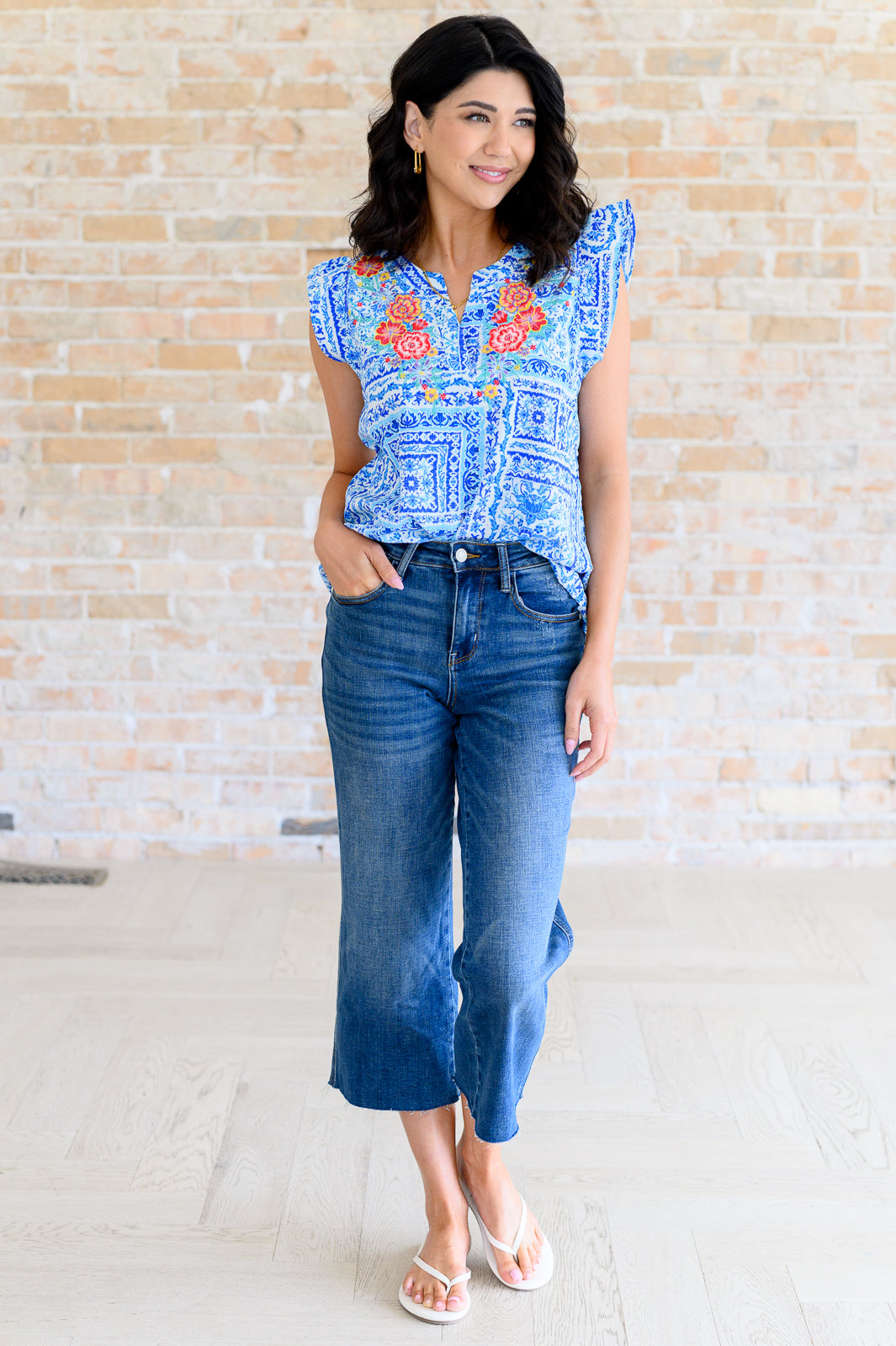 Keep Me Coming V-Neck Top in Ivory Royal - Charming Charlie