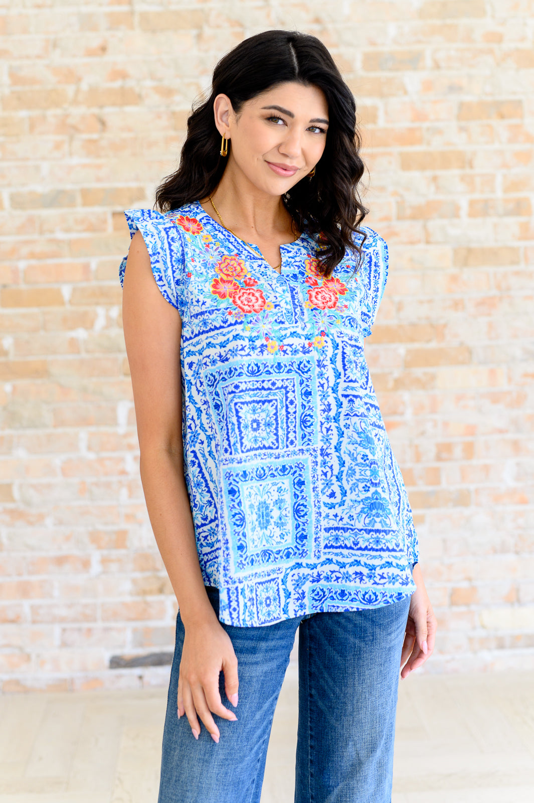 Keep Me Coming V-Neck Top in Ivory Royal - Charming Charlie