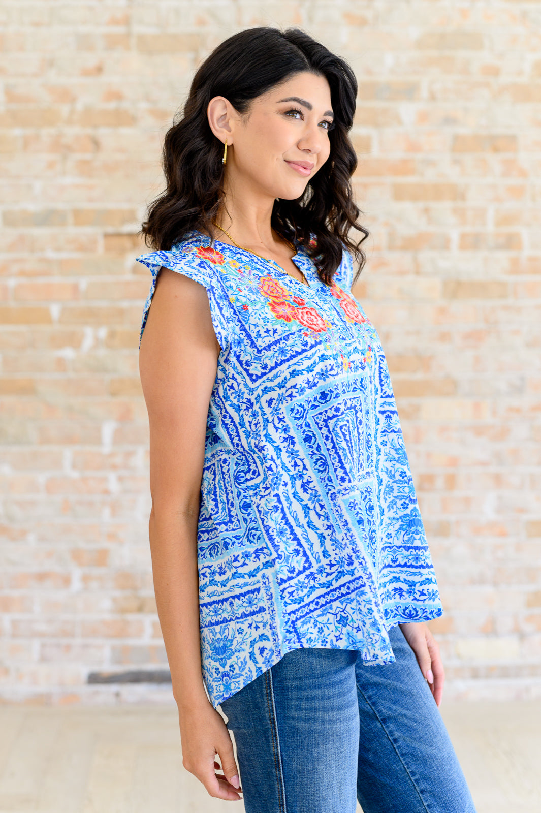 Keep Me Coming V-Neck Top in Ivory Royal - Charming Charlie