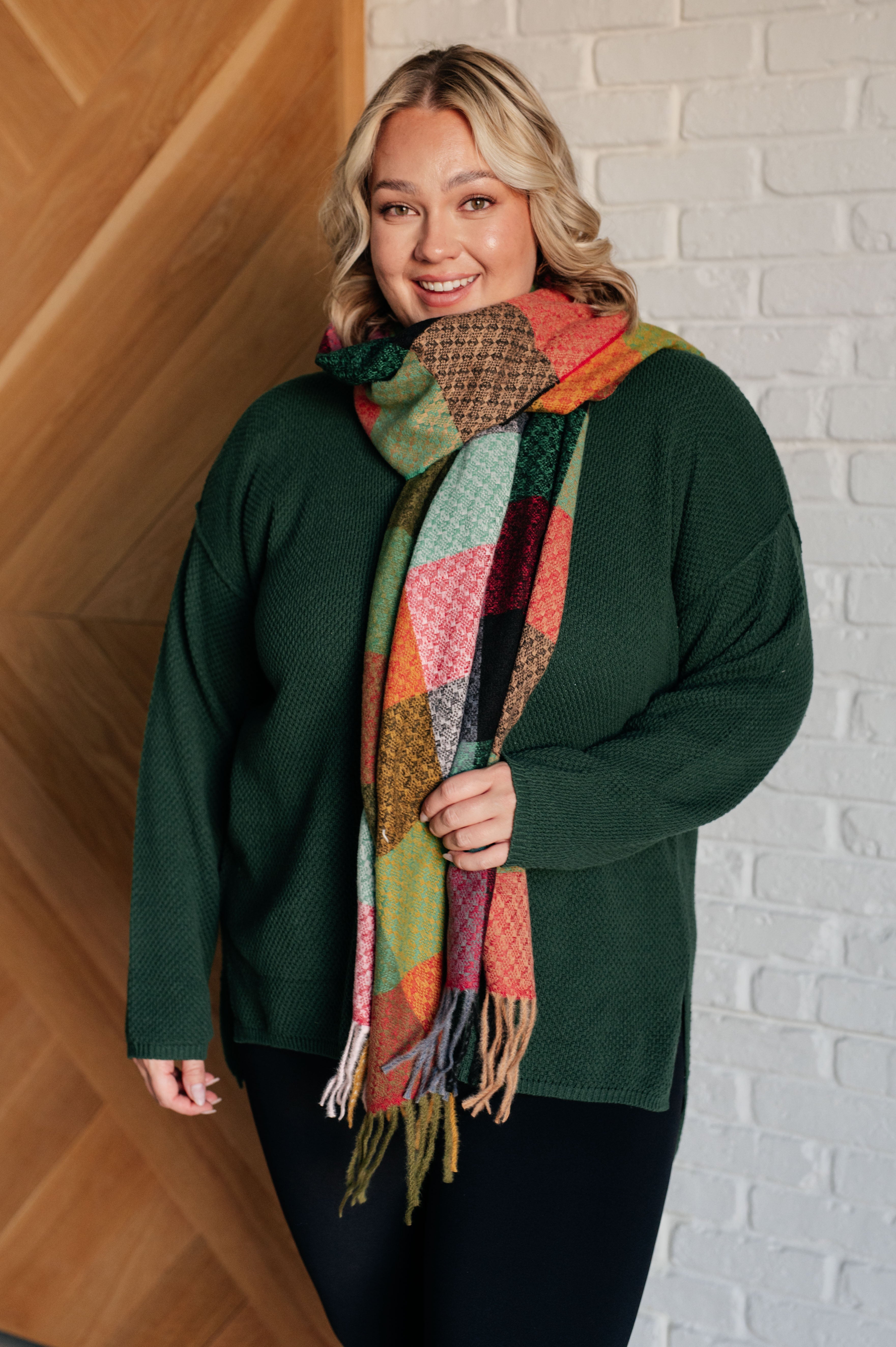 Keep Me Cozy Checkered Fringe Scarf in Berry - Charming Charlie