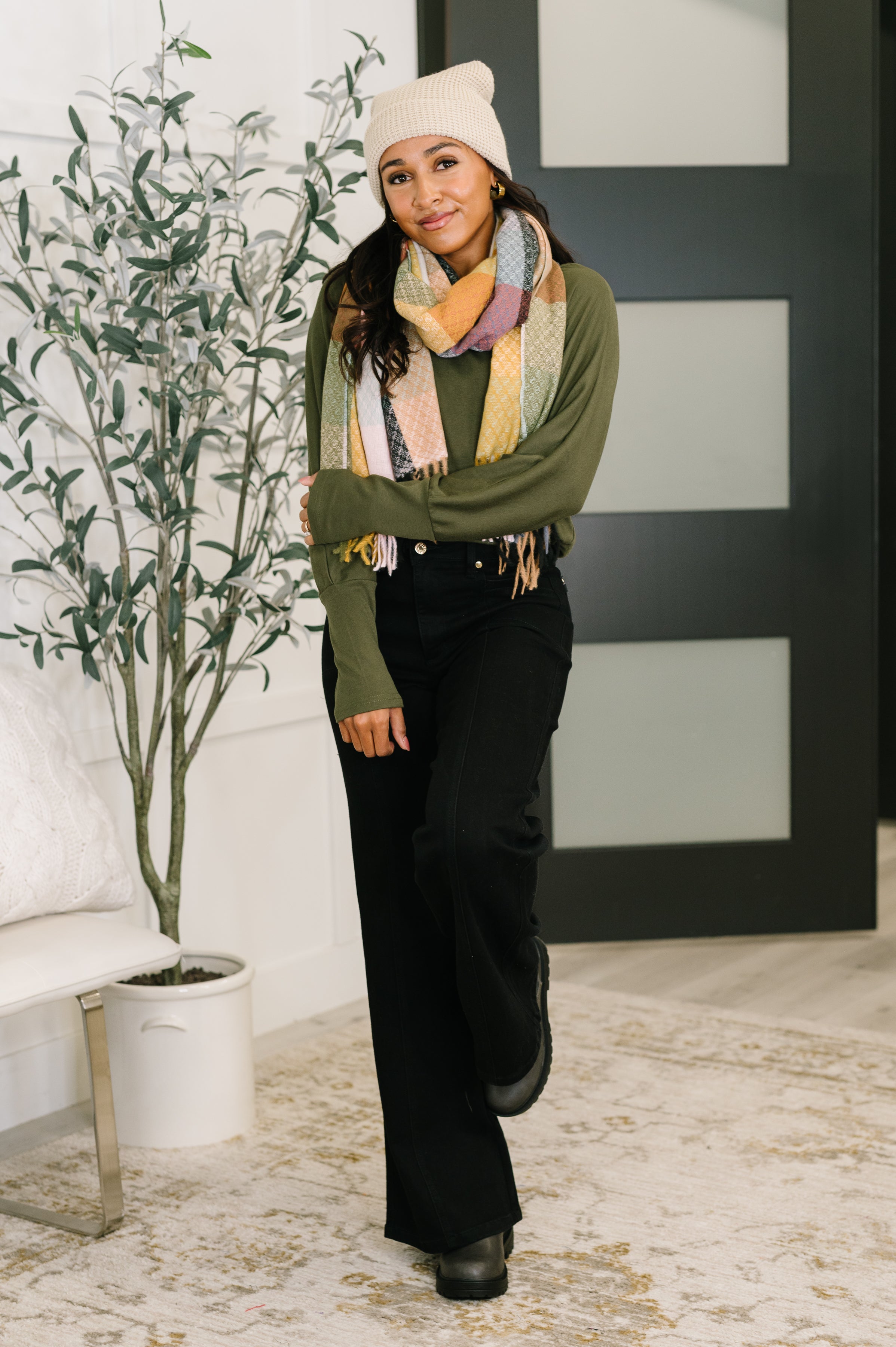 Keep Me Cozy Checkered Fringe Scarf in Pine and Petals - Charming Charlie