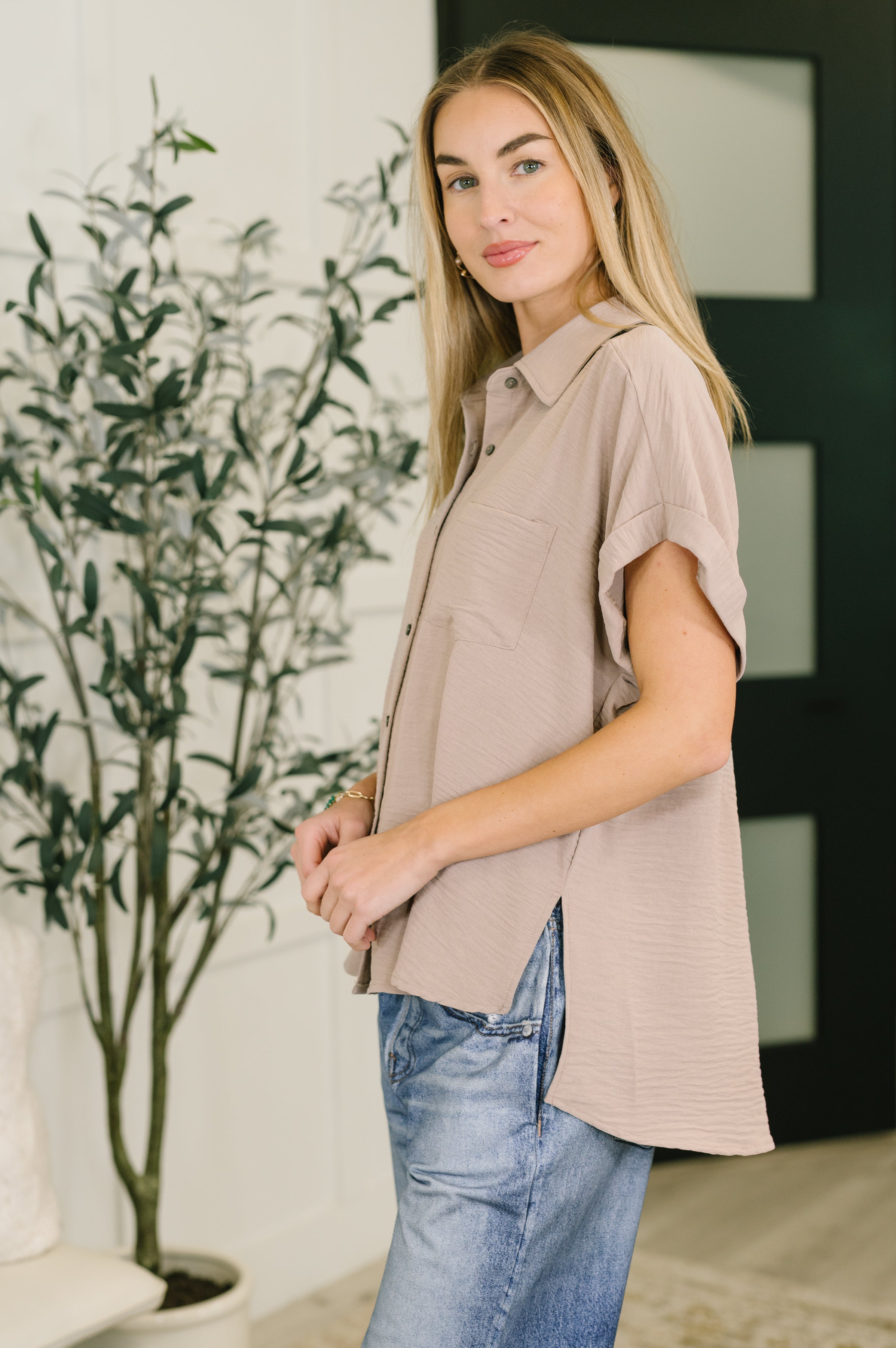 Keep Up Collared Button Down in Ash Mocha - Charming Charlie