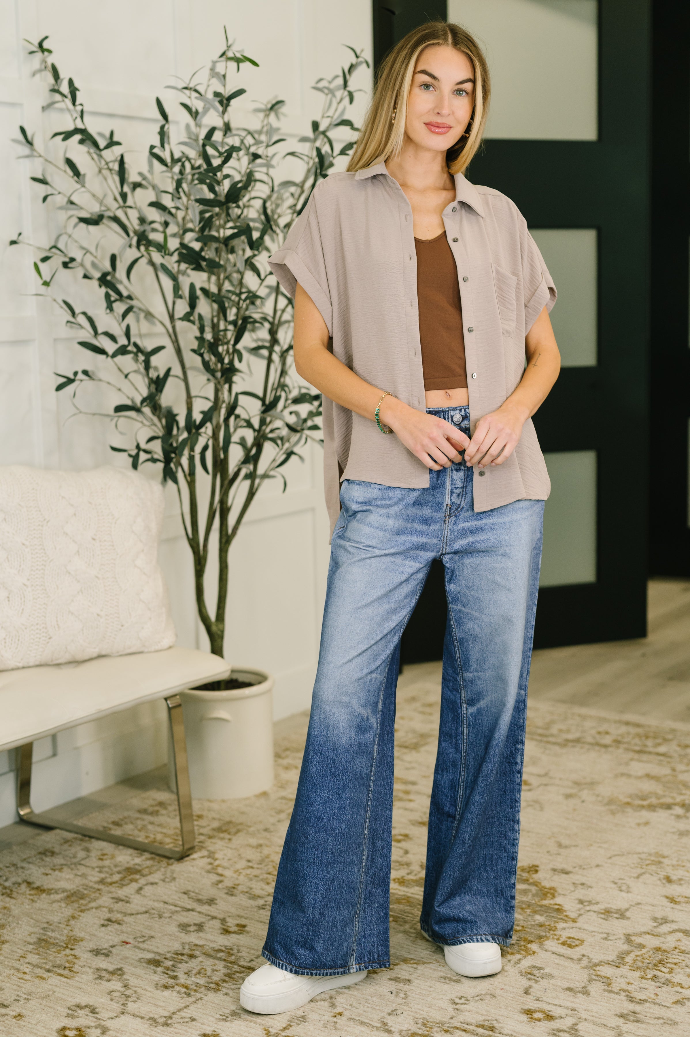 Keep Up Collared Button Down in Ash Mocha - Charming Charlie