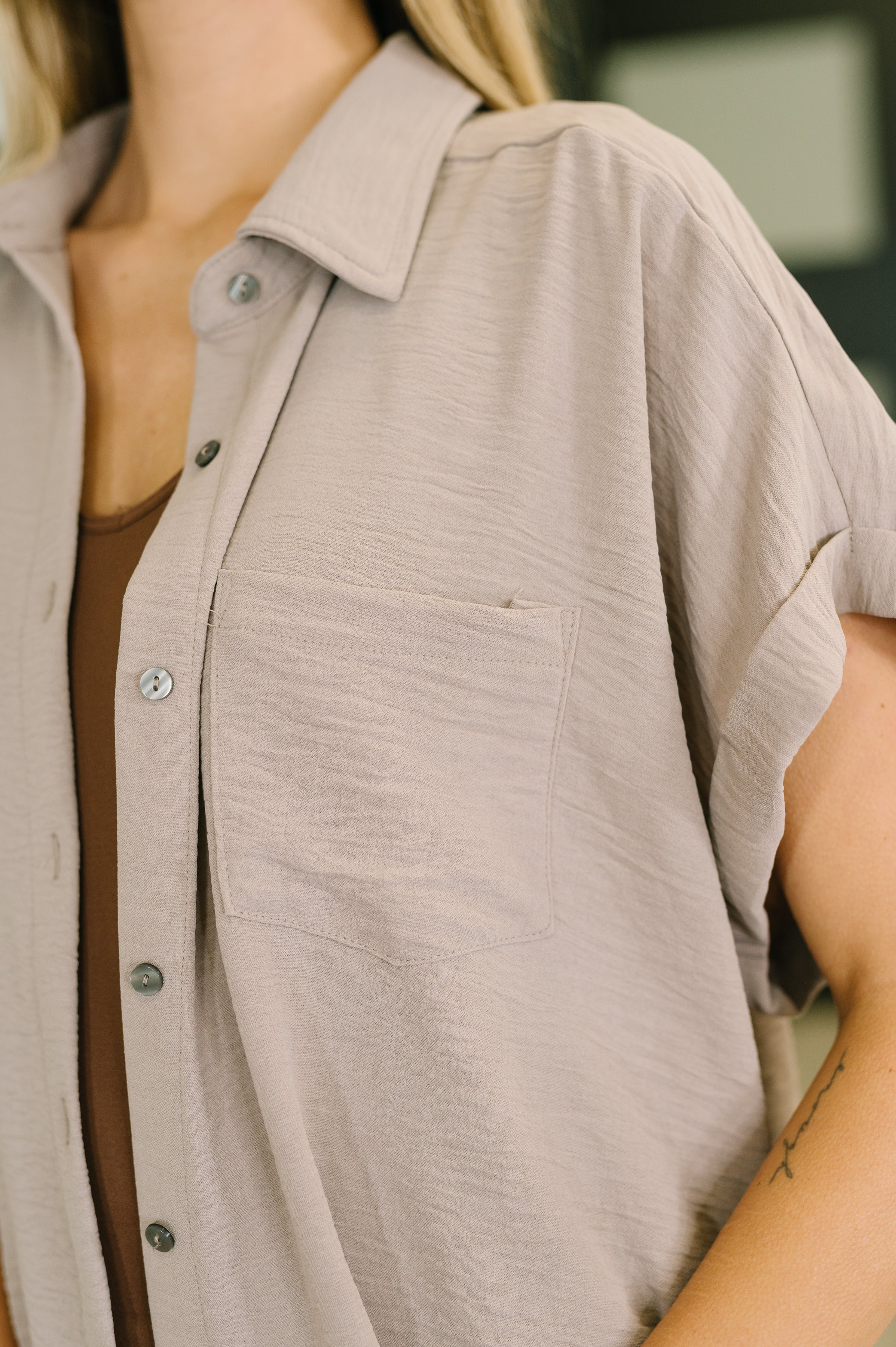 Keep Up Collared Button Down in Ash Mocha - Charming Charlie