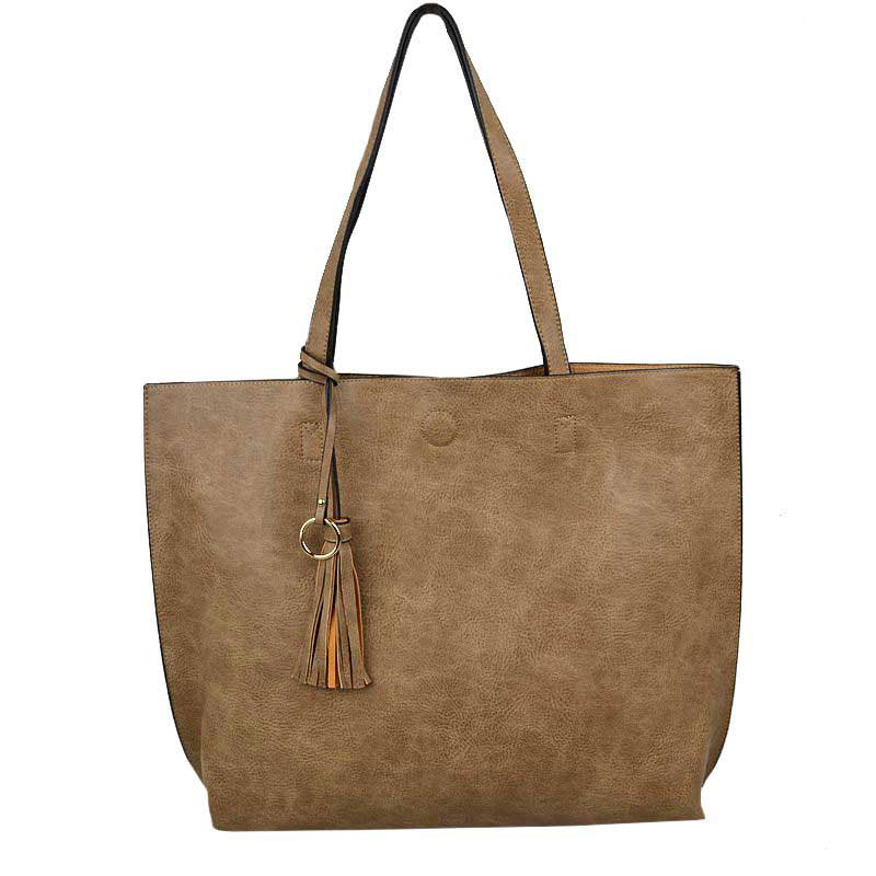 Khaki Large Tote Reversible Shoulder Vegan Leather Tassel Handbag, High quality Vegan Leather is a luxurious and durable, Stay organized in style with this square-shaped shopper tote purse that is fully reversible for two contrasting interior and exterior solid colors. This vegan leather handbag includes an on-trend removable tassel embellishment. Guaranteed, This will be your go-to handbag.