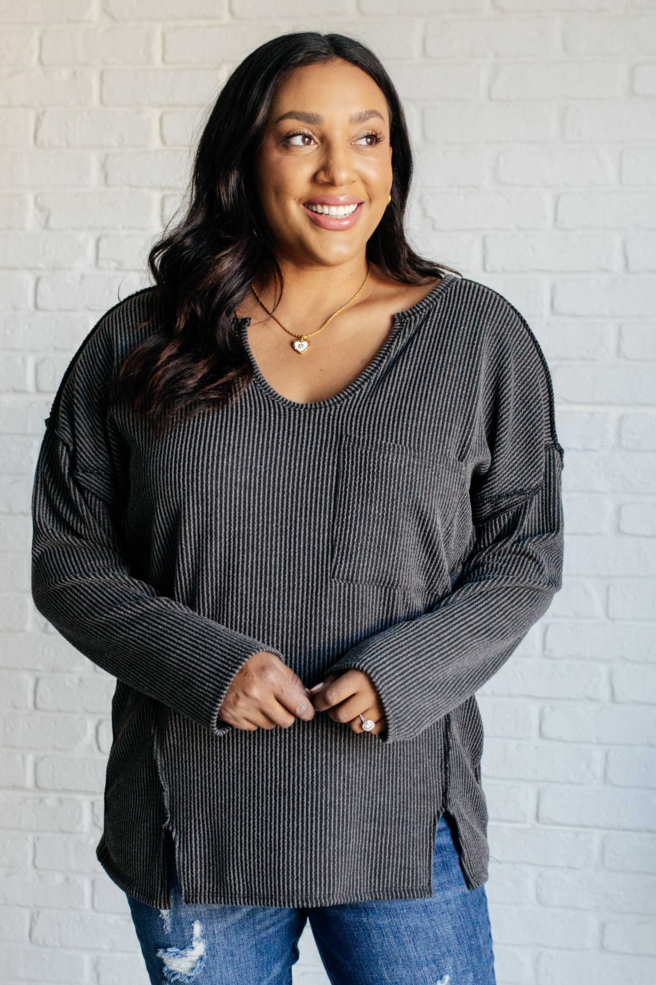 Kinda Sorta Ribbed Top in Charcoal - Charming Charlie
