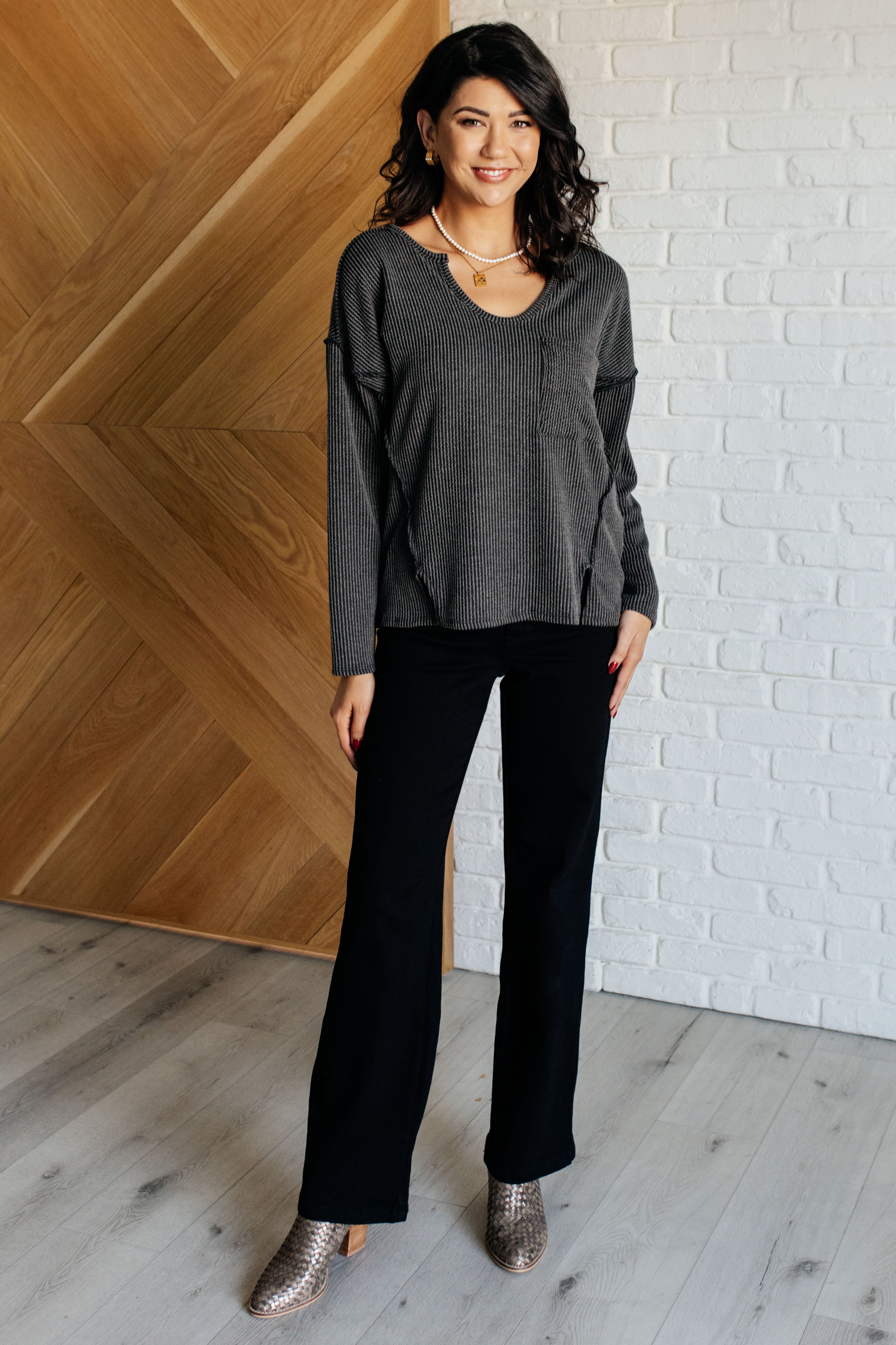 Kinda Sorta Ribbed Top in Charcoal - Charming Charlie