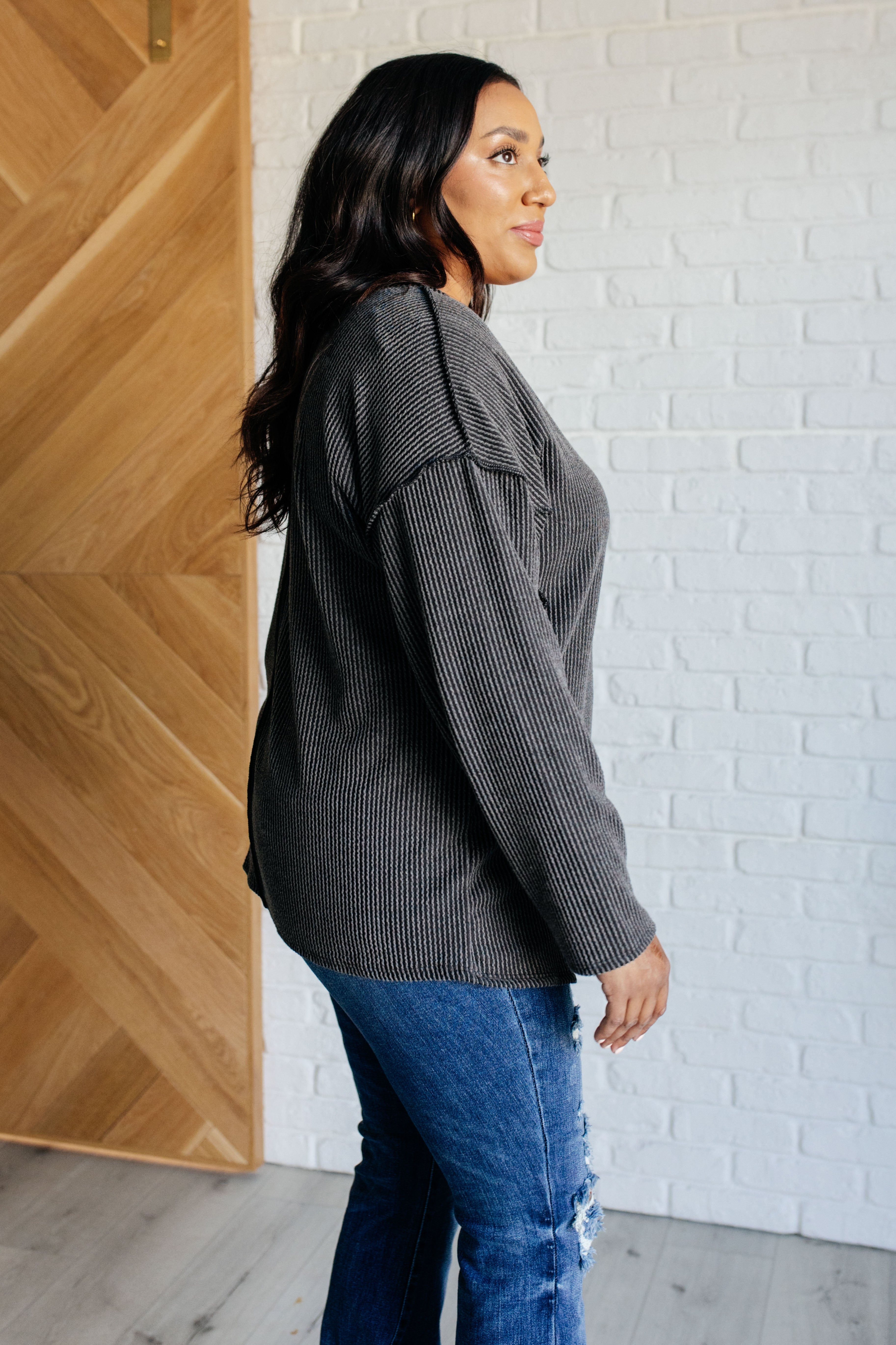 Kinda Sorta Ribbed Top in Charcoal - Charming Charlie