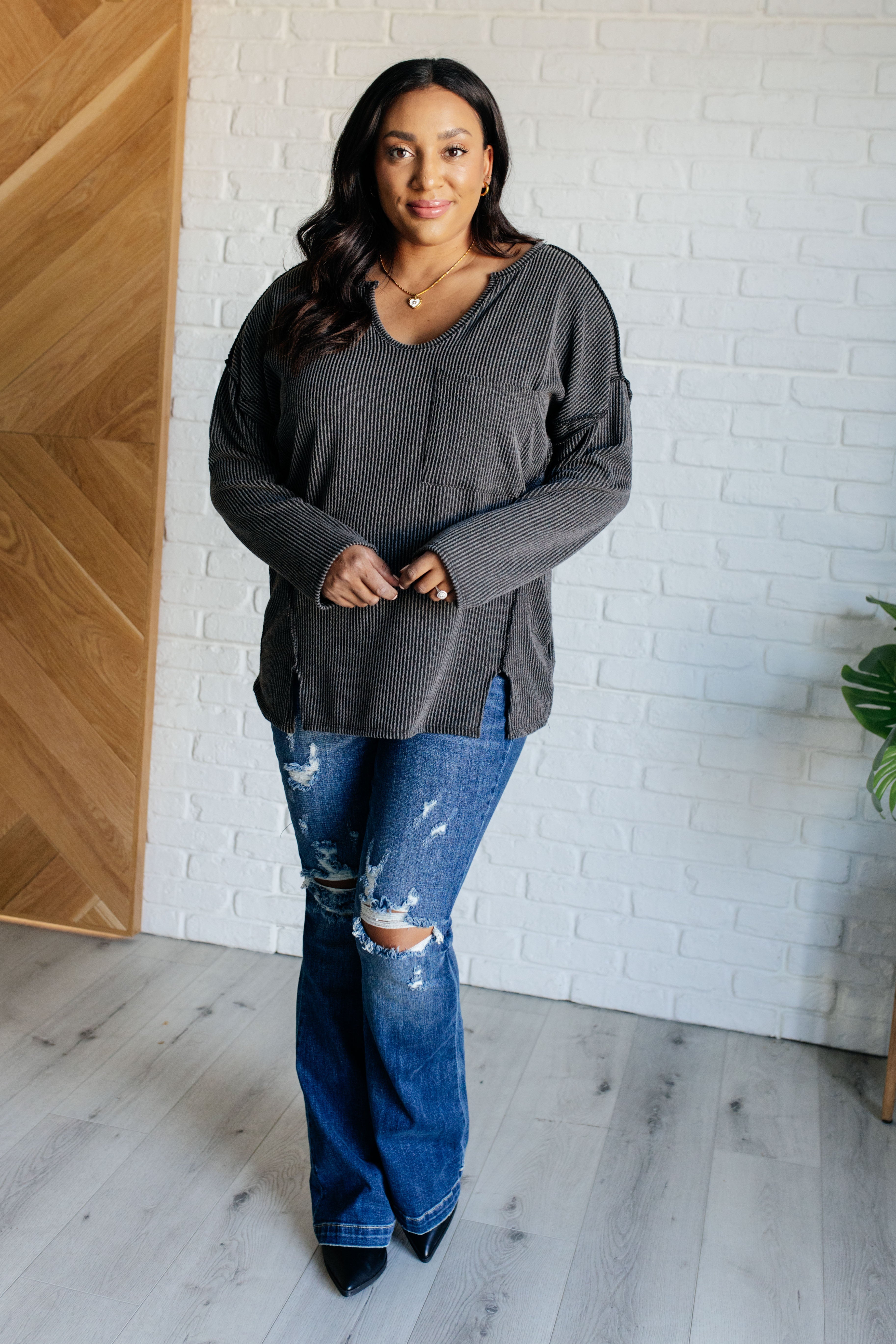 Kinda Sorta Ribbed Top in Charcoal - Charming Charlie
