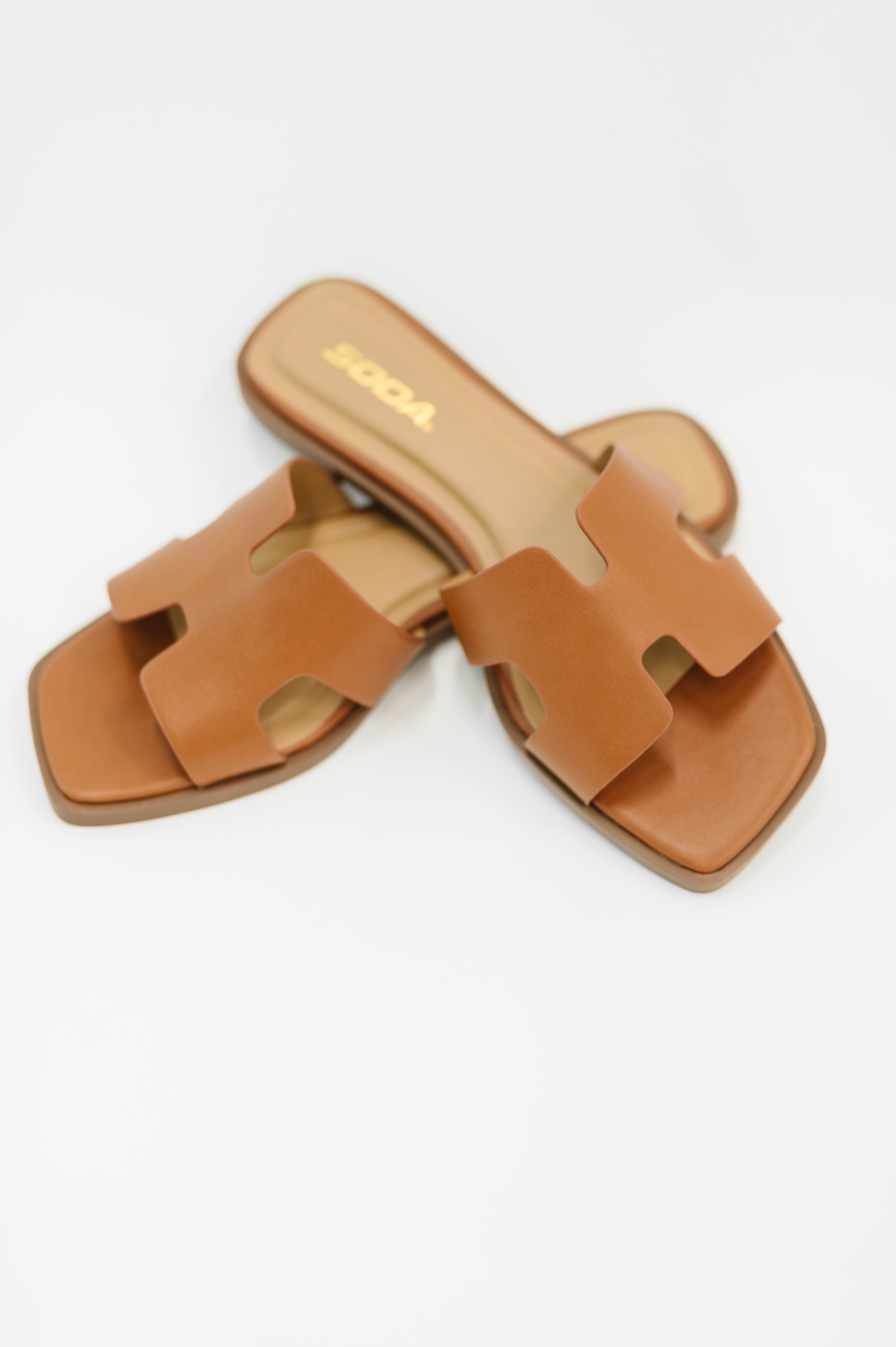 Knit Square Toe Slide on Sandal in Cognac - Charming Charlie