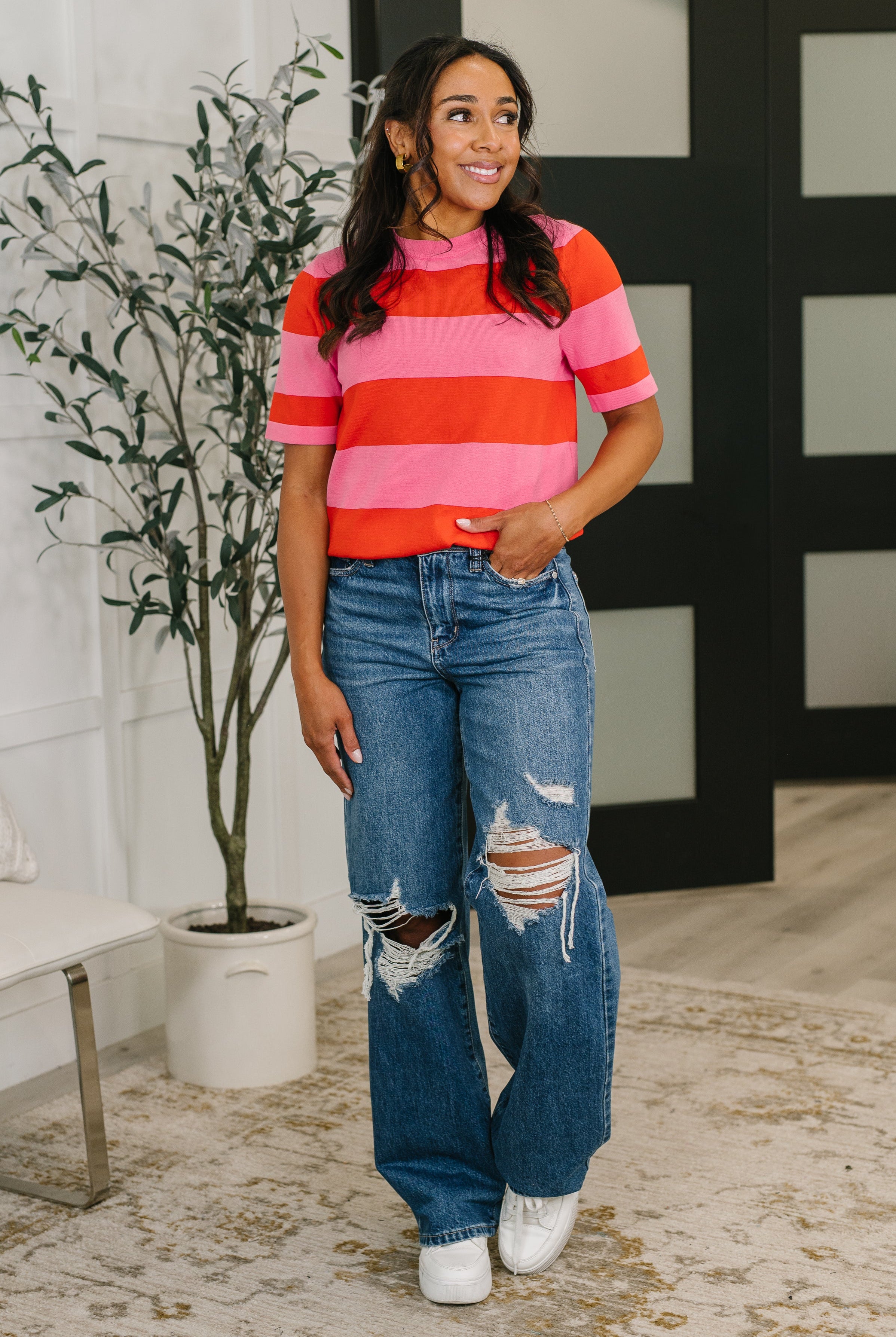 Known for a While Knit Blouse in Pink and Red - Charming Charlie