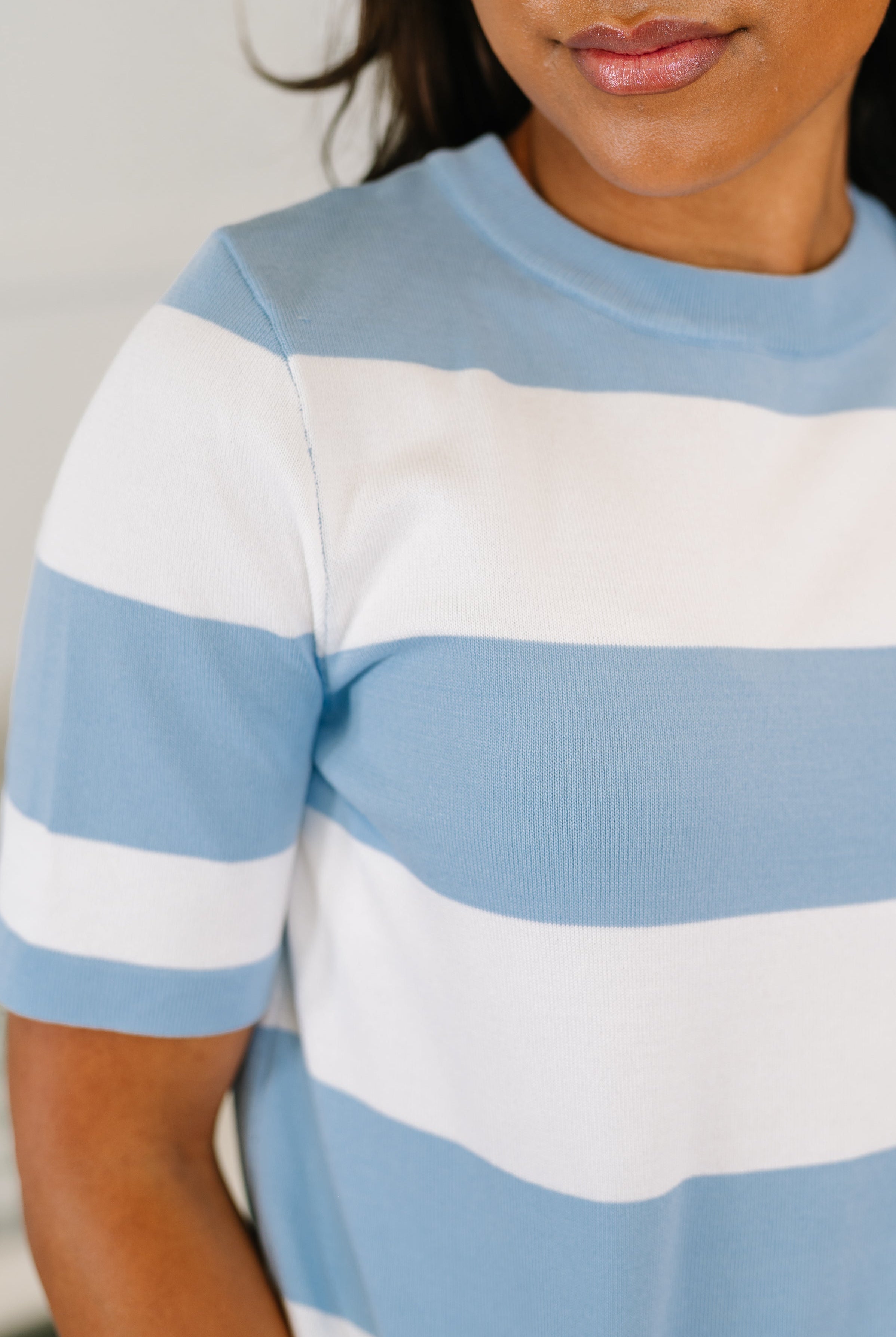 Known for a While Knit Blouse in White and Blue - Charming Charlie