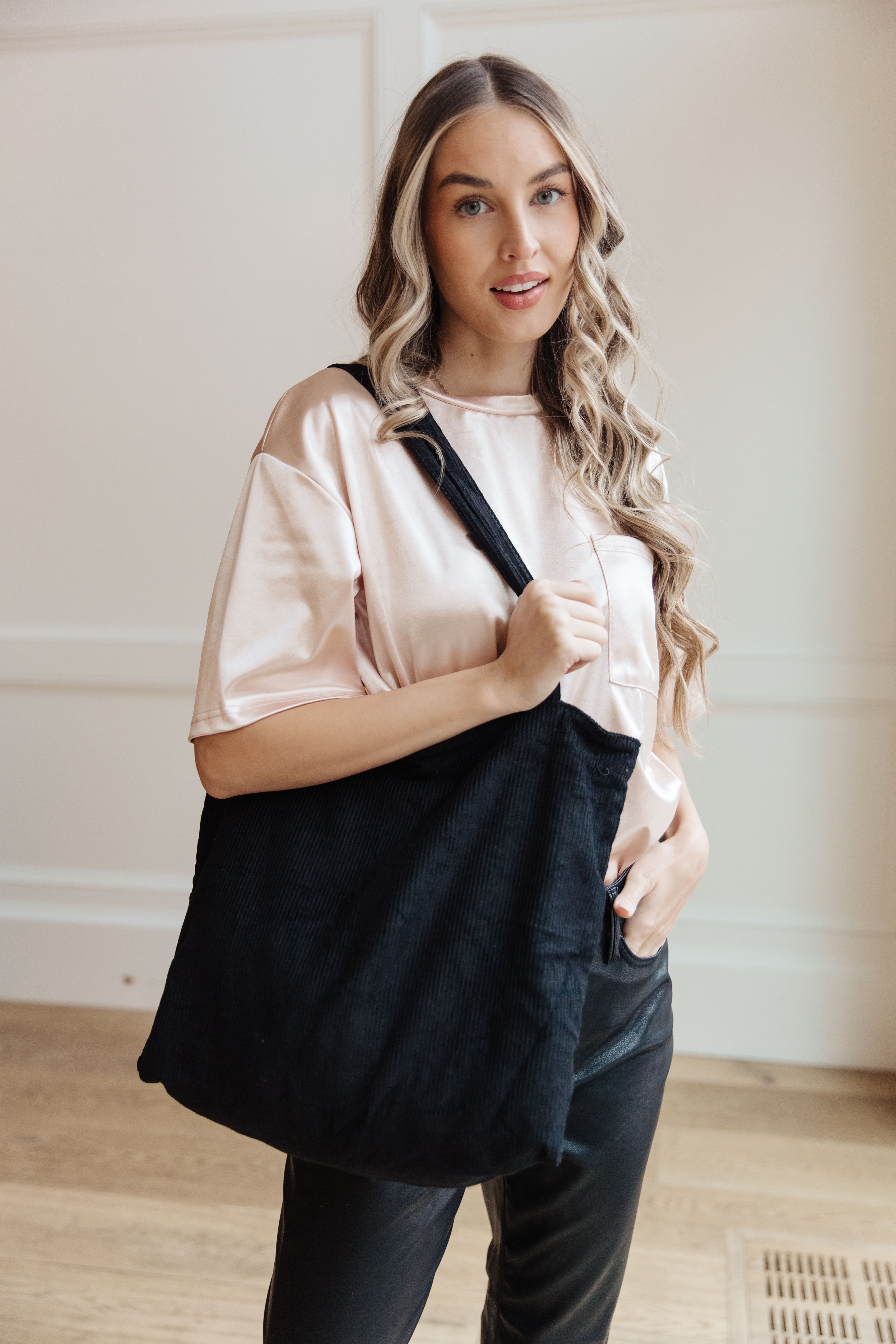 Last Minute Corduroy Tote in Black - Charming Charlie