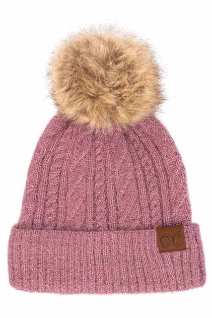 Lavender C.C Woven Cable Stitch Cuff Beanie With Soft Color Fur Pom, wear this beautiful Beanie Hat while going outdoor and keep yourself warm and stylish. The color variation makes the Hat suitable for everyone's choice. It feels cozy and a perfect match with any type of outfit. It's a perfect winter gift accessory for birthdays, Christmas, stocking stuffers, secret Santa, holidays, anniversaries.