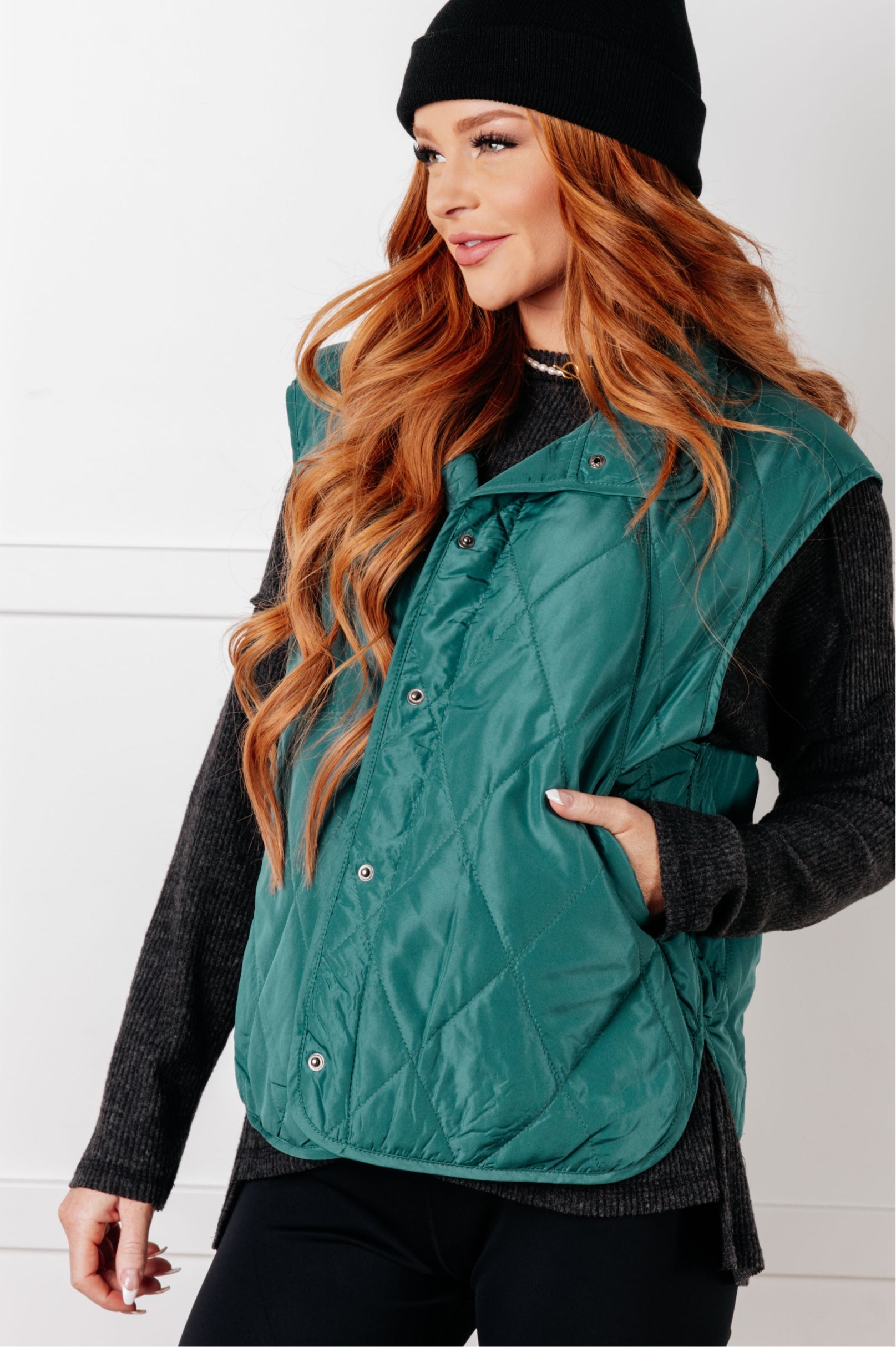 Layering Queen Quilted Puffer Vest in Hunter Green - Charming Charlie