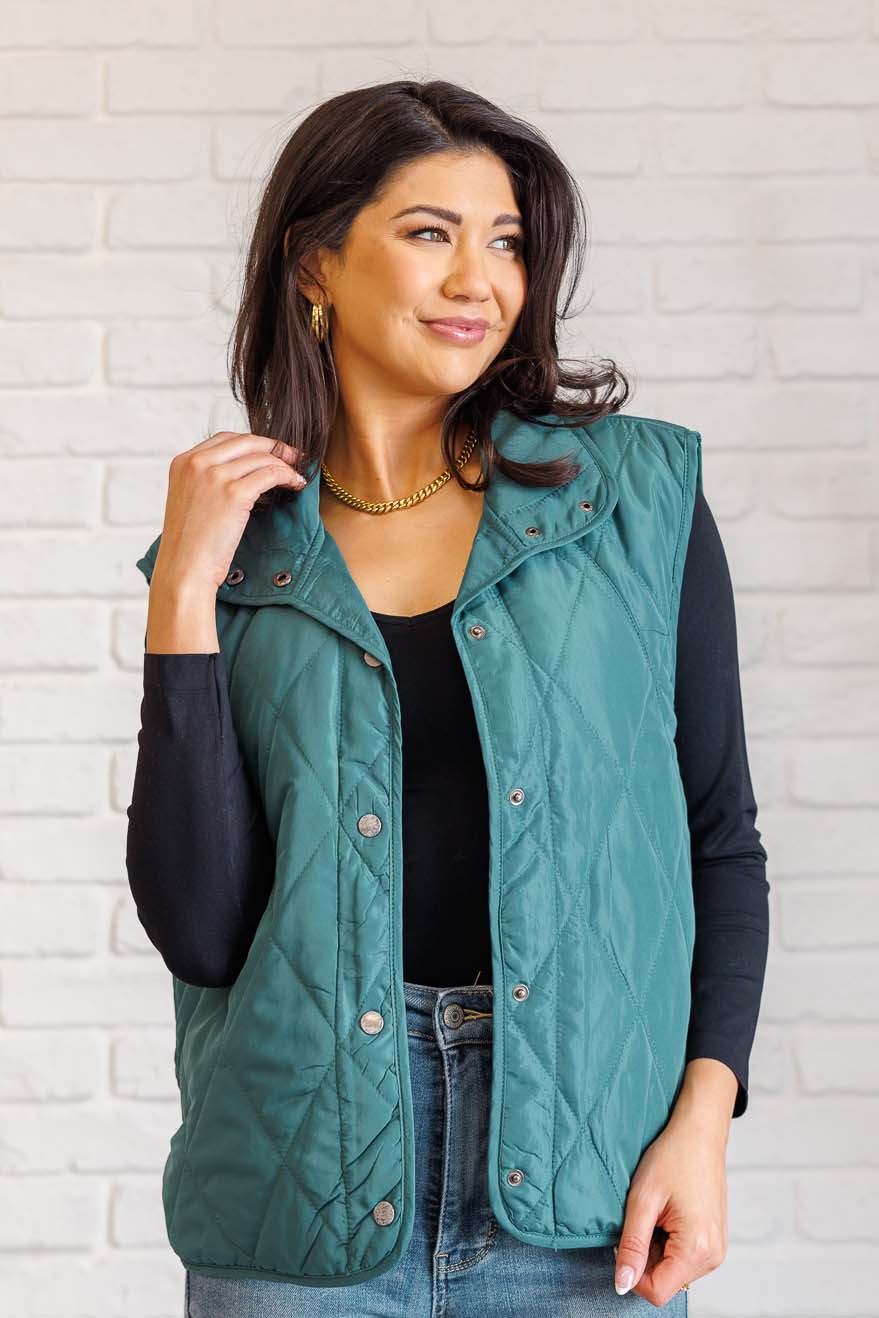 Layering Queen Quilted Puffer Vest in Hunter Green - Charming Charlie