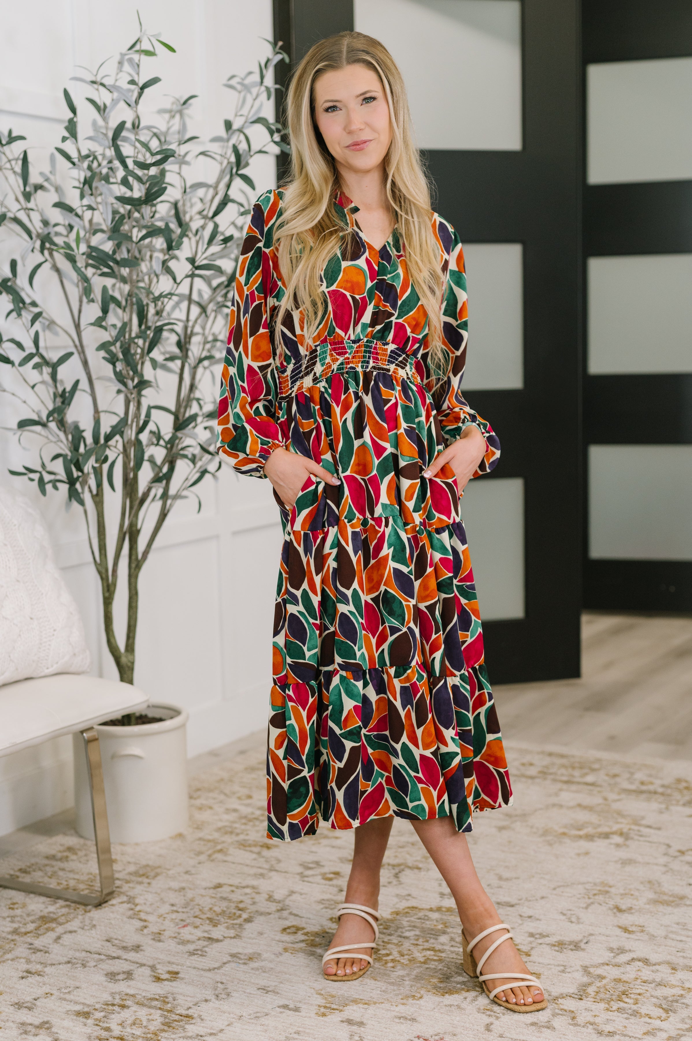 Leafing it All Behind Long Sleeve Tiered Dress - Charming Charlie