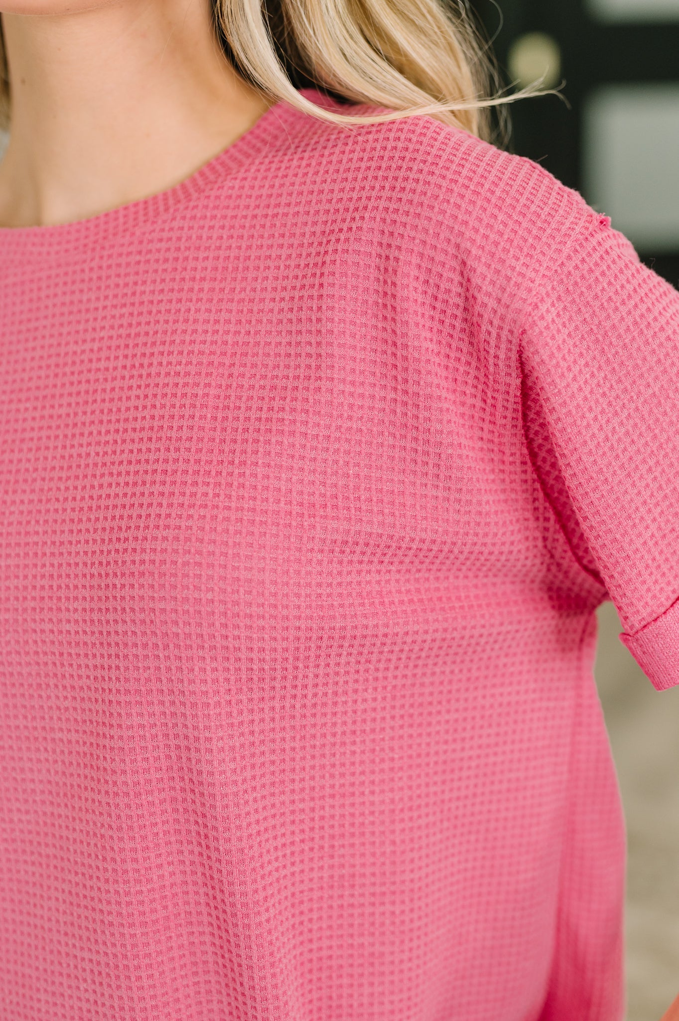 Leave It to Me Waffle Knit Relaxed Tee in Pink - Charming Charlie