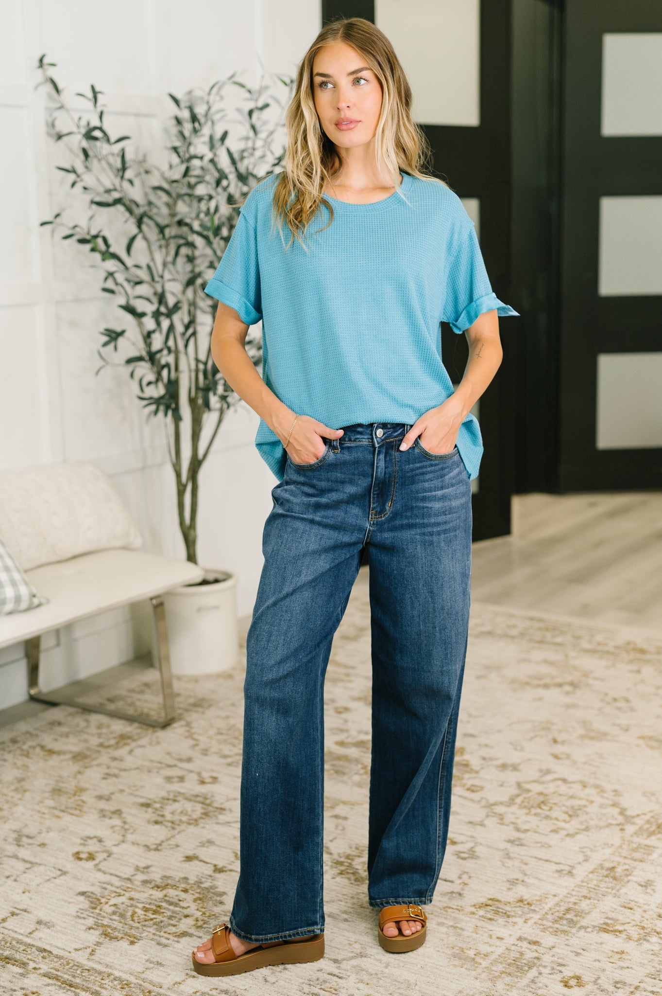 Leave It to Me Waffle Knit Relaxed Tee in Teal - Charming Charlie