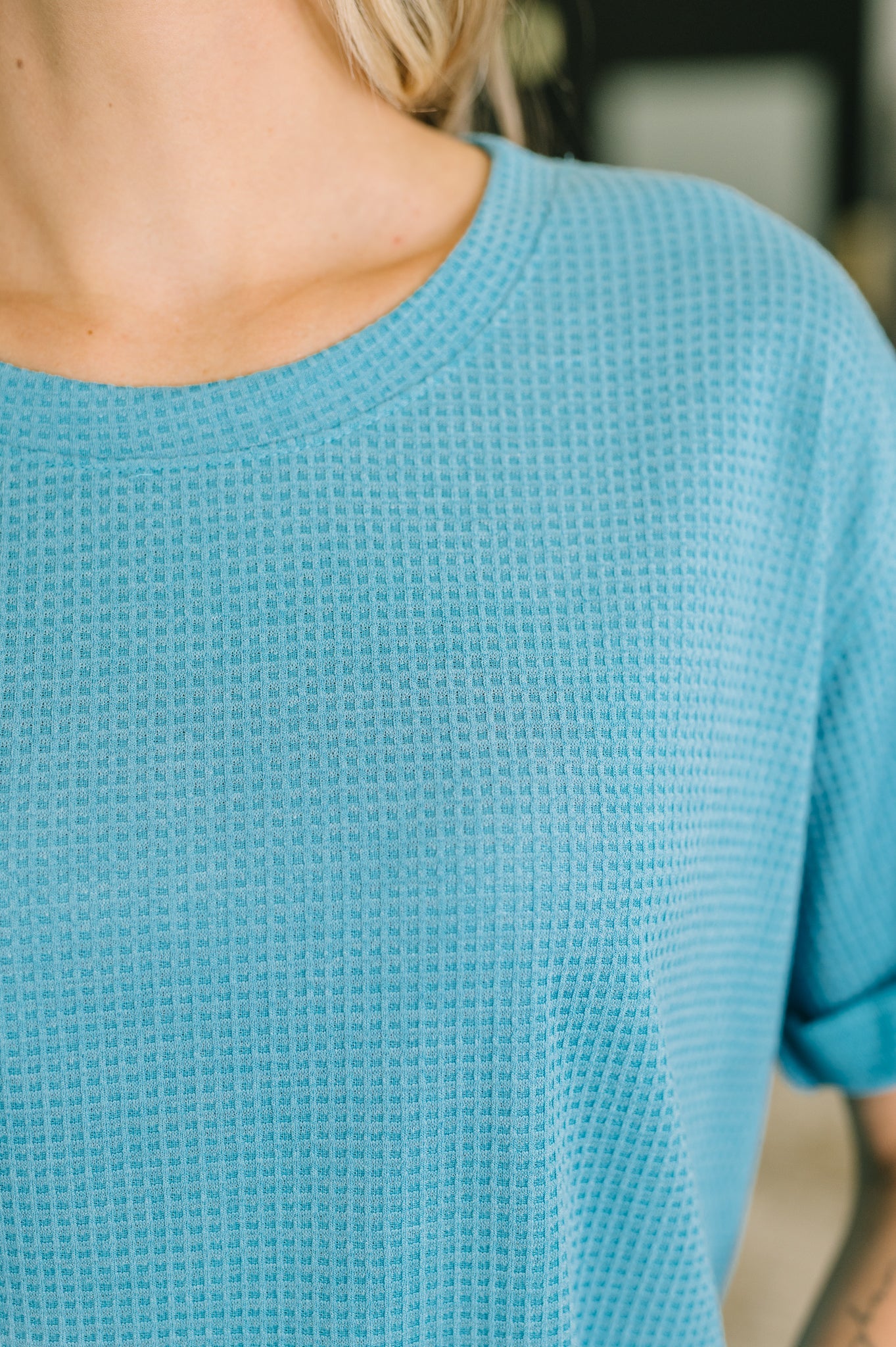 Leave It to Me Waffle Knit Relaxed Tee in Teal - Charming Charlie