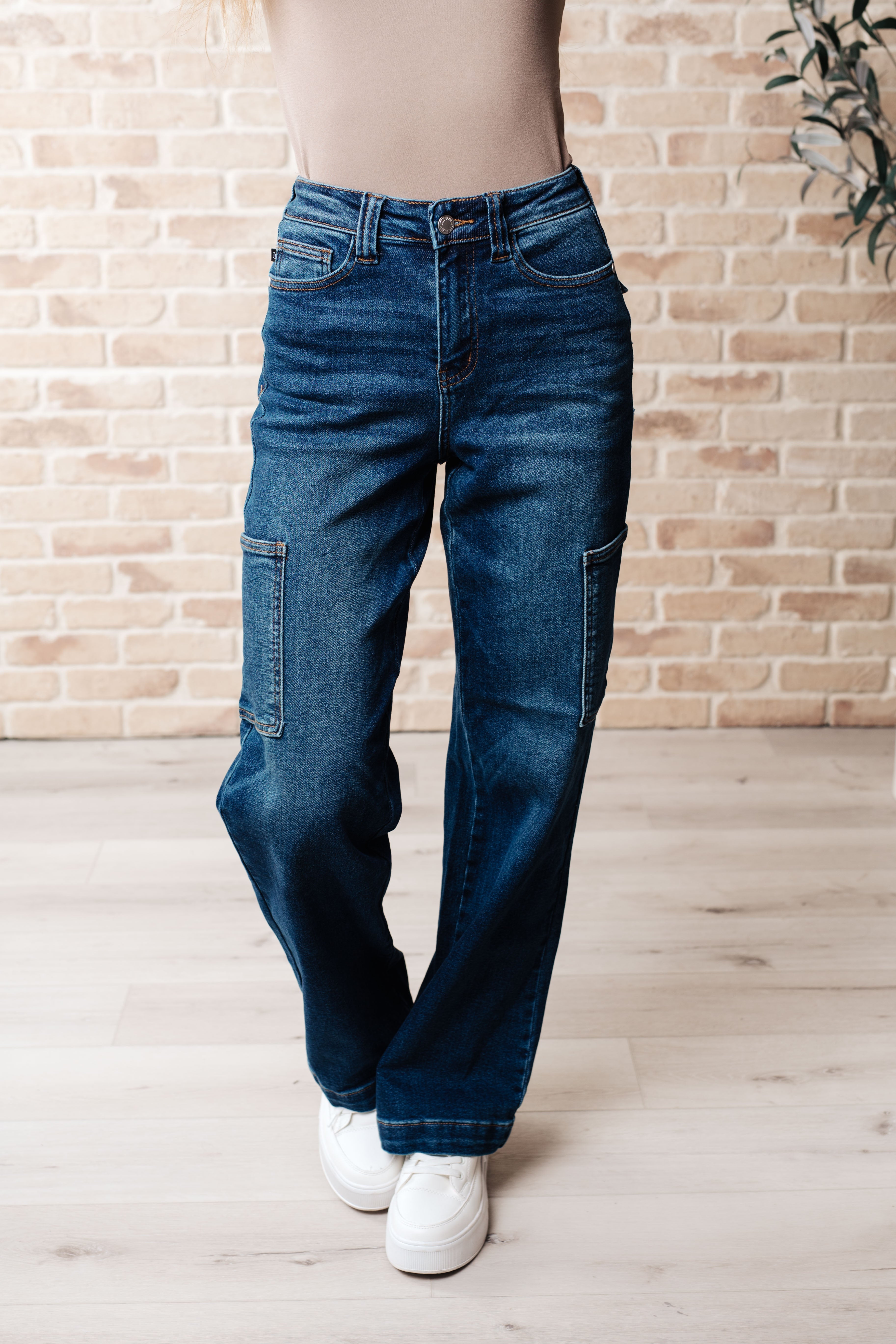 Leila High Rise Cargo Straight Jeans - Charming Charlie
