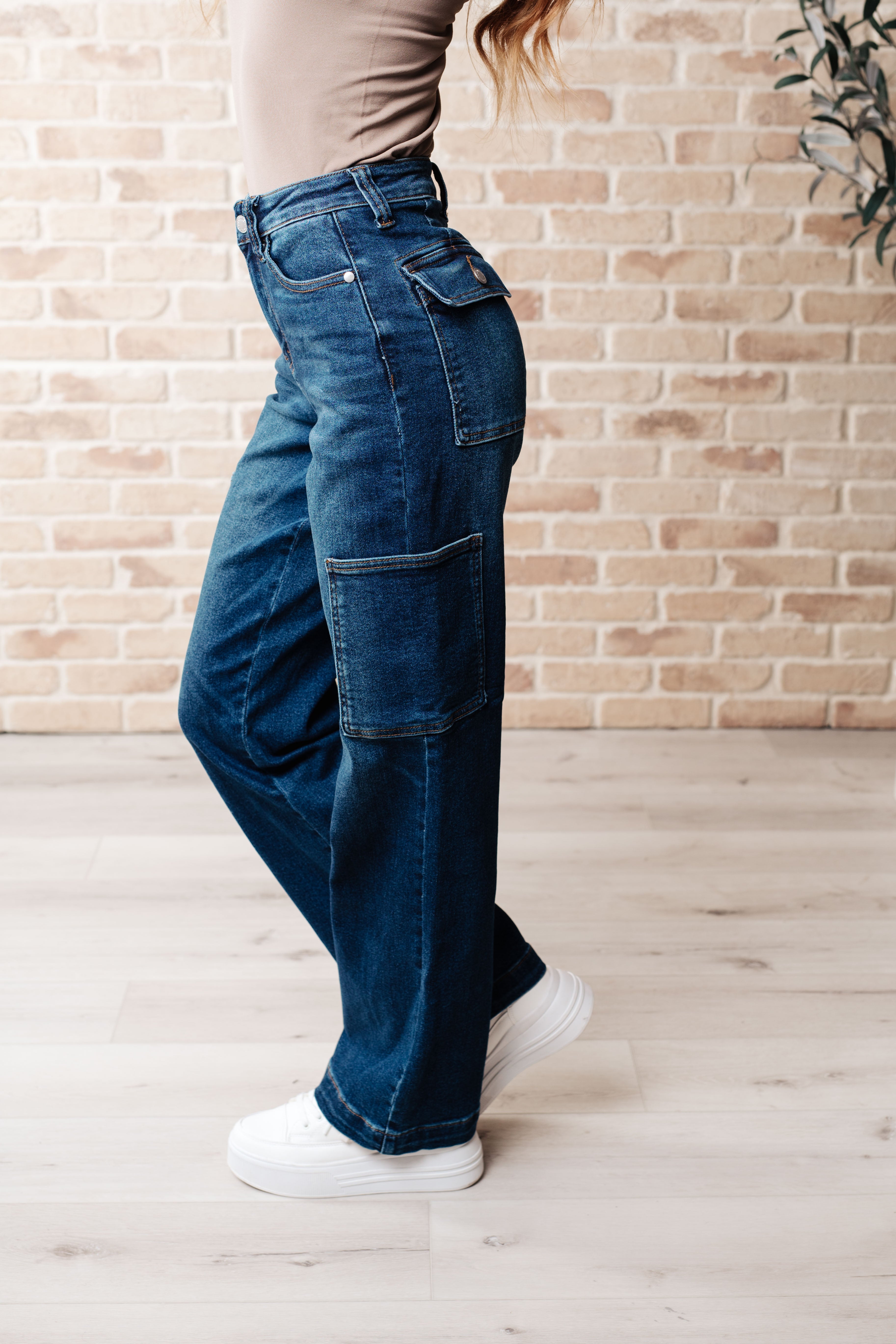 Leila High Rise Cargo Straight Jeans - Charming Charlie