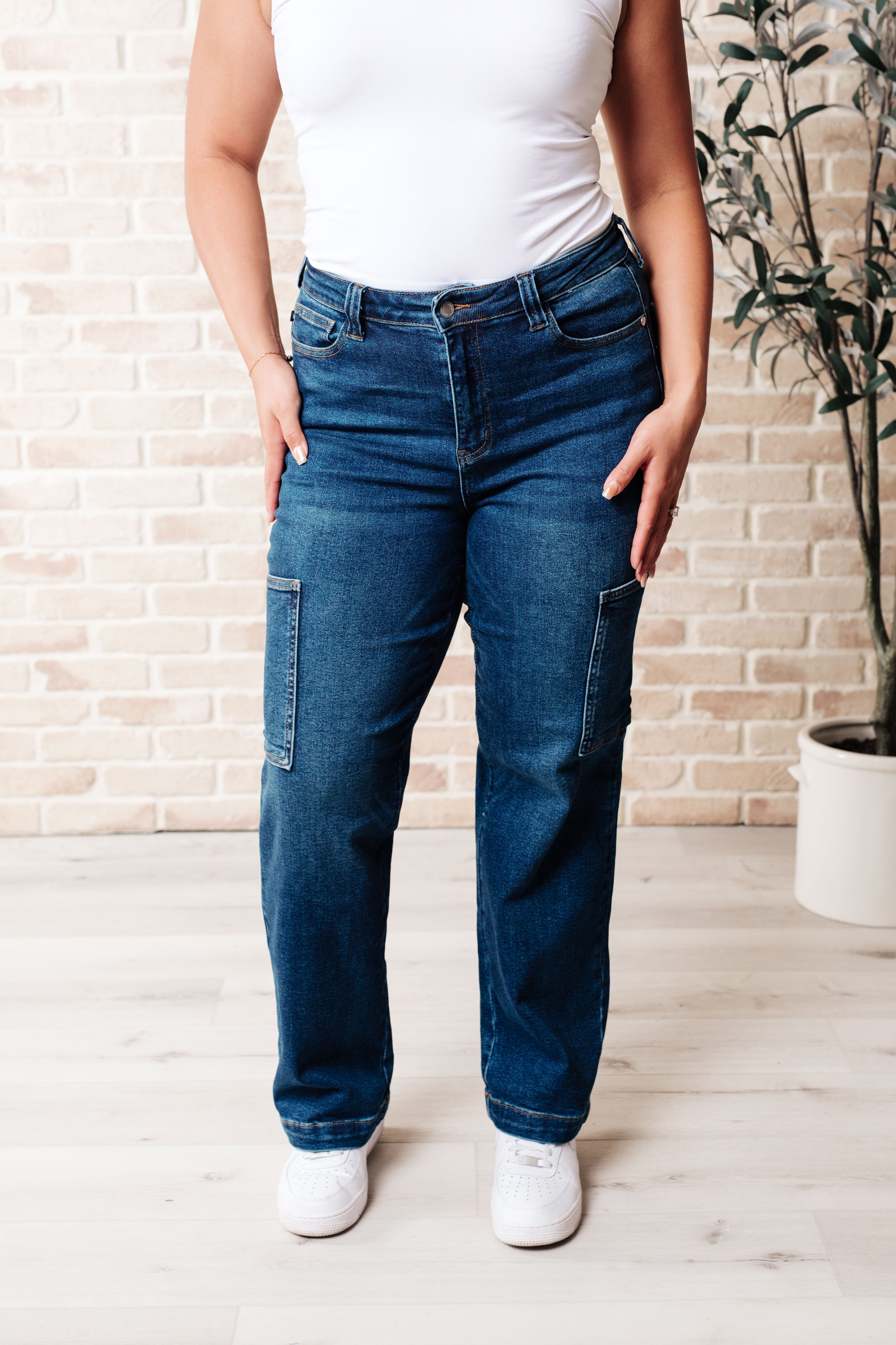 Leila High Rise Cargo Straight Jeans - Charming Charlie