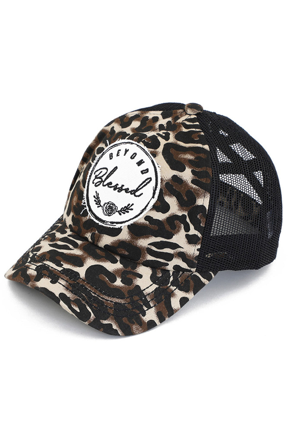 Leopard C.C BEYOND BLESSED PATCH CRISS CROSS PONY CAP is a stylish and comfortable cap perfect for any occasion. Featuring a unique criss-cross design and a motivational patch, this cap is a perfect way to express your faith and style. Wear it for that perfect blend of fashion and inspiration.