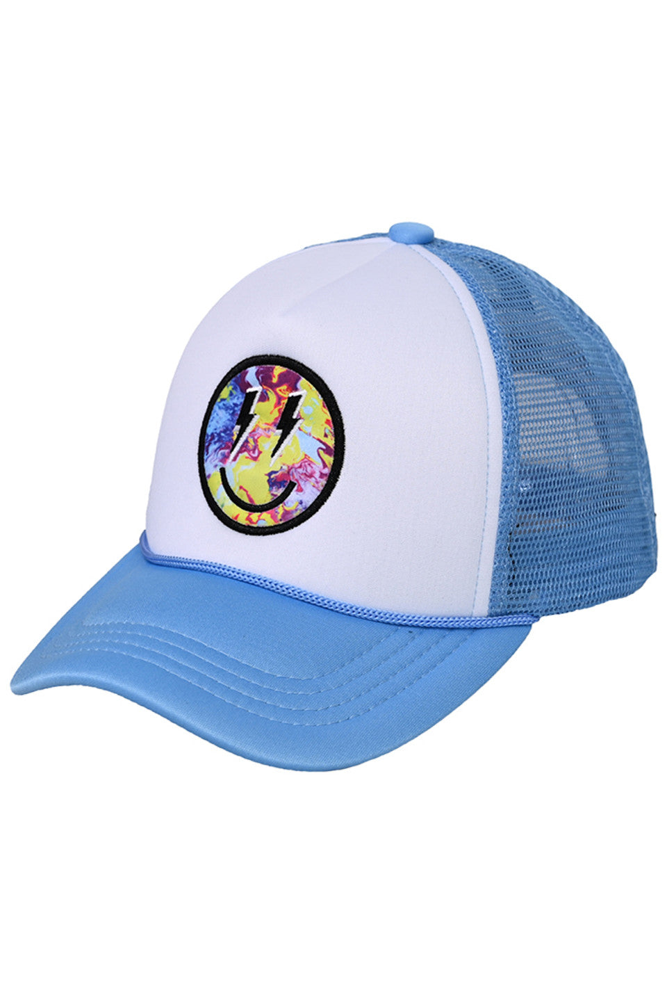 Light blue C.C Lightning Bolt Eyes Smiley Face Trucker Cap is a fun and stylish accessory for any outfit. With its unique lightning bolt eye design and breathable mesh back, you'll not only look great but also stay cool and comfortable. Perfect for adding a touch of personality to your everyday look.