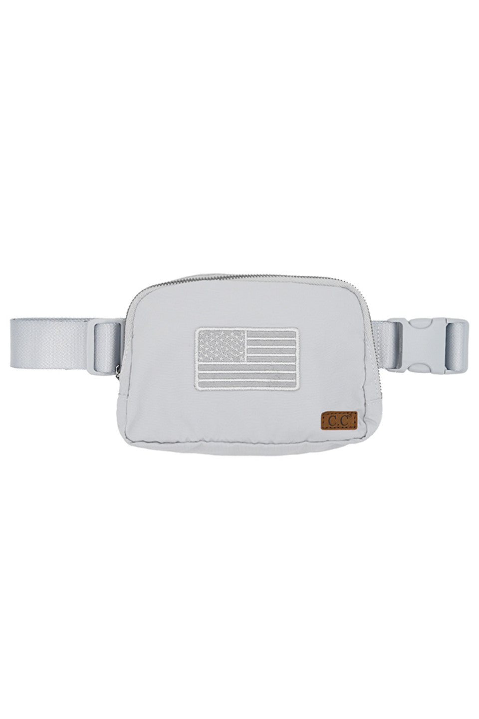 Light Gray C.C American Flag Embroidery Patch Fanny Pack is a stylish and practical accessory for everyday use. Crafted with an embroidered American flag patch, this fanny pack is both patriotic and fashionable. With its spacious compartments and adjustable waist strap, it offers convenience and hands-free functionality. Perfect for carrying essentials while showing off your American pride.