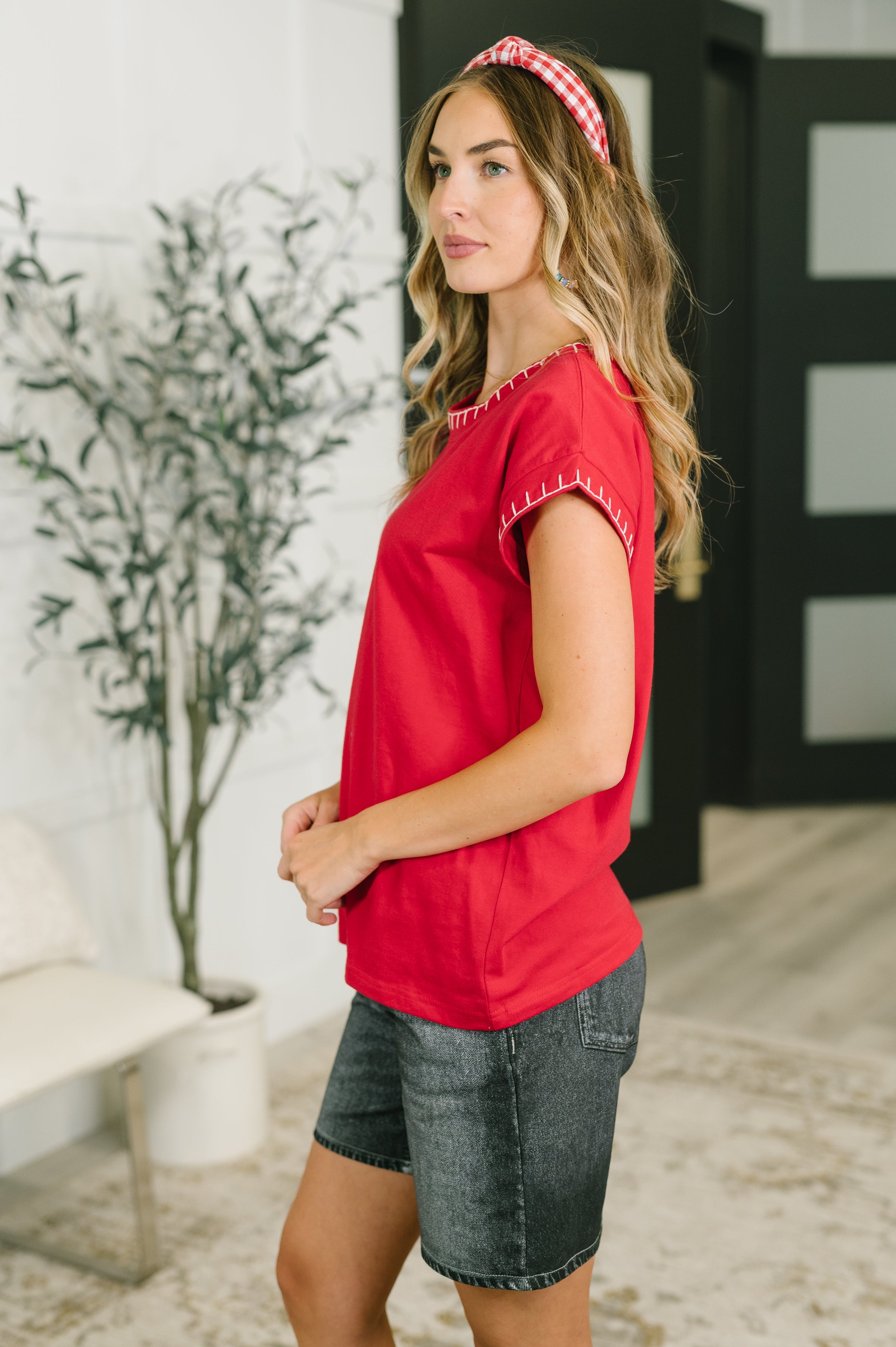 Little Details Trim Detail Top in Ruby - Charming Charlie