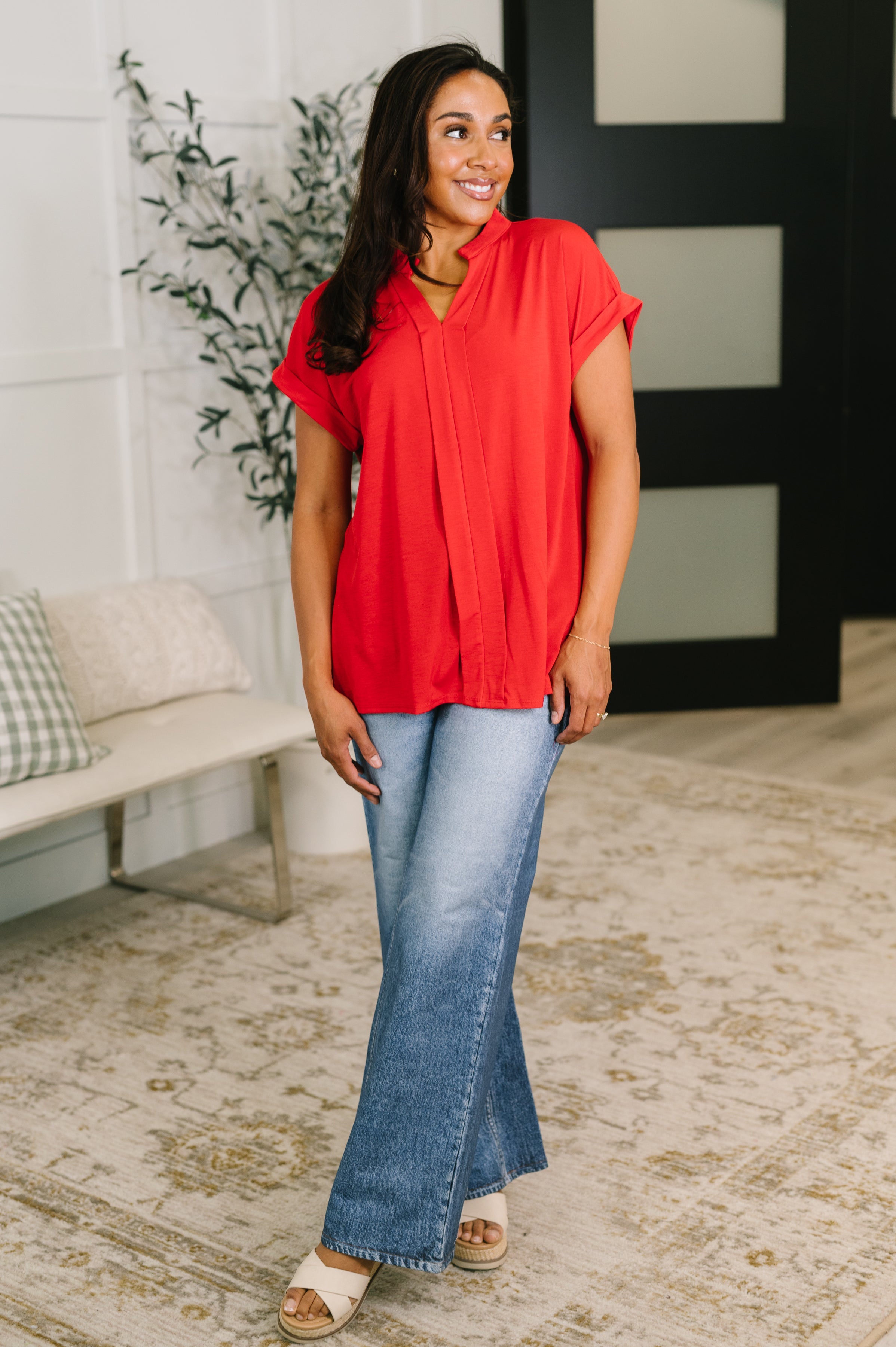 Lizzy Bloom Split Neck Blouse in Red - Charming Charlie